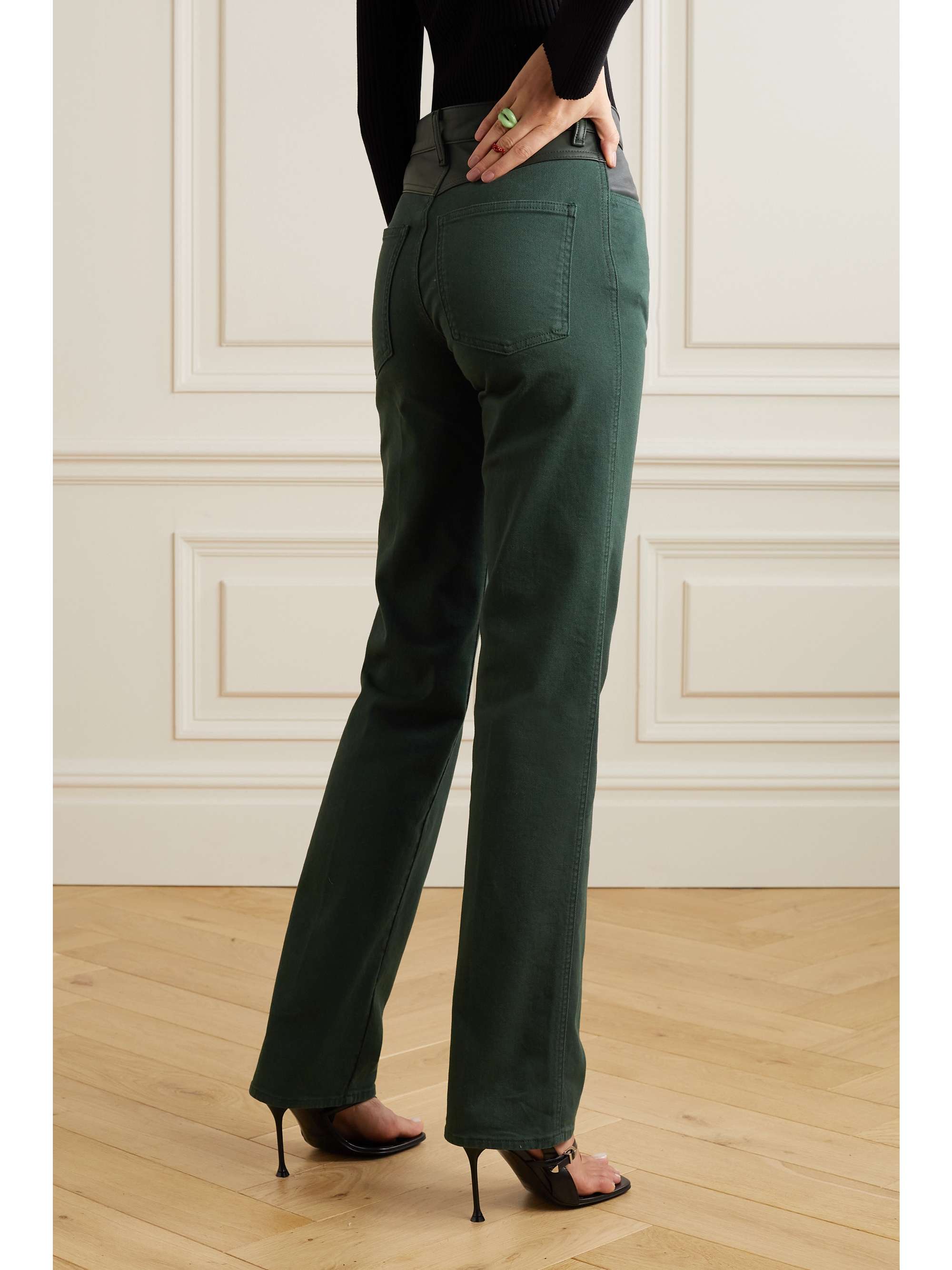 Forest Green Leather Trimmed High Rise Straight Leg Jeans Maximilian