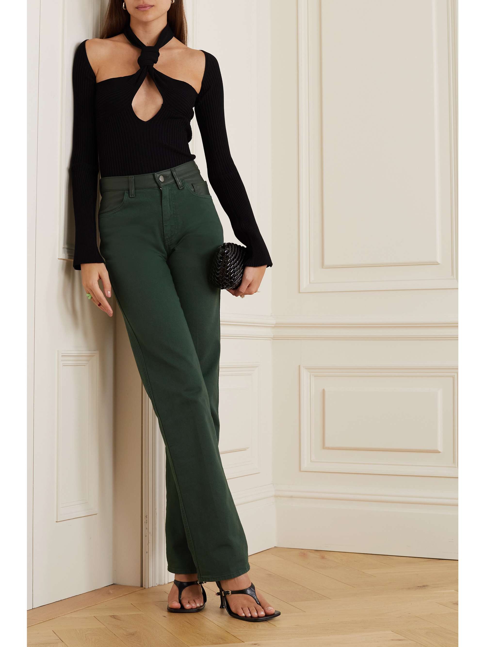 MAXIMILIAN Leather-trimmed high-rise straight-leg jeans