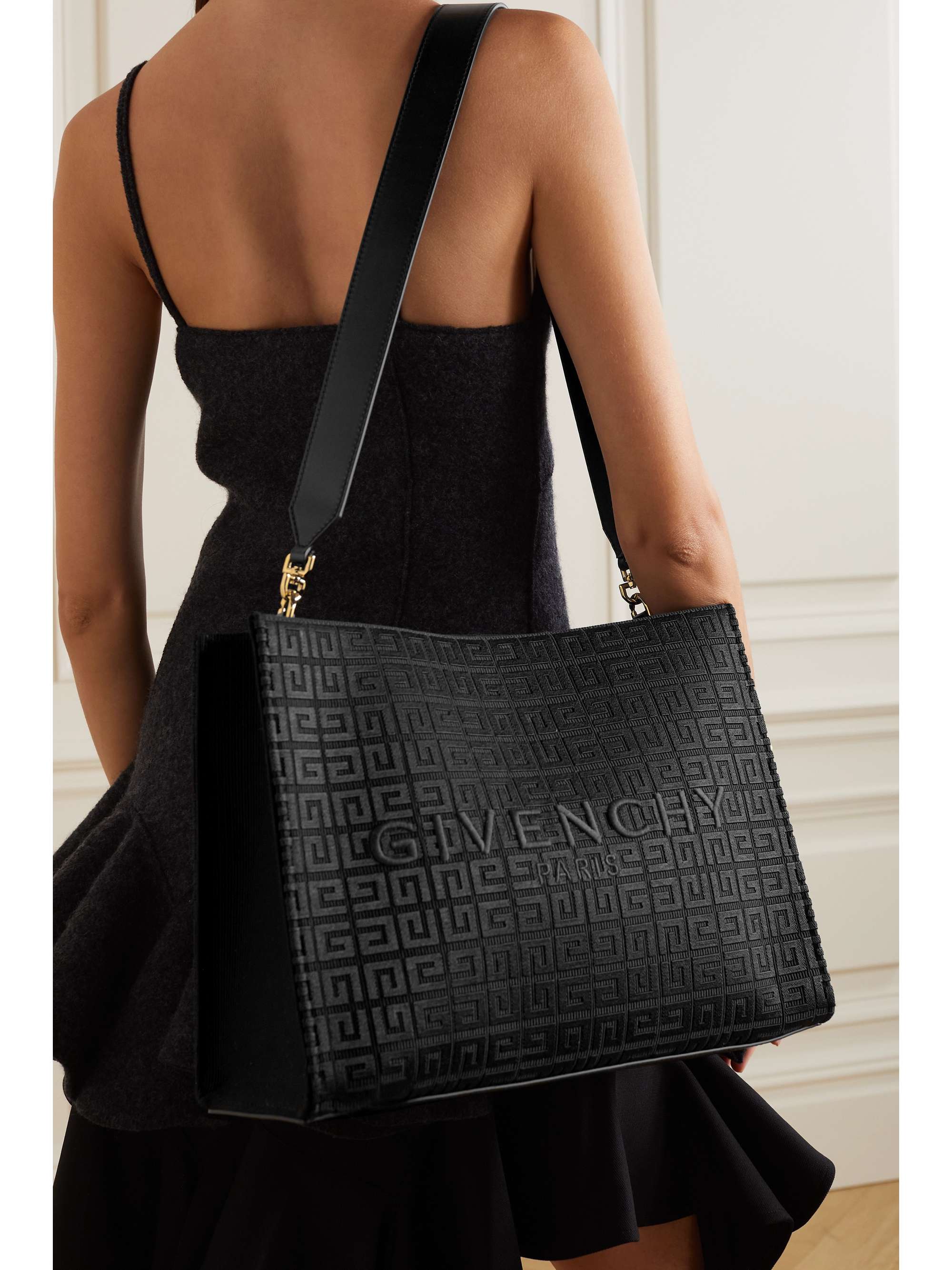 G medium leather-trimmed embossed coated-canvas tote