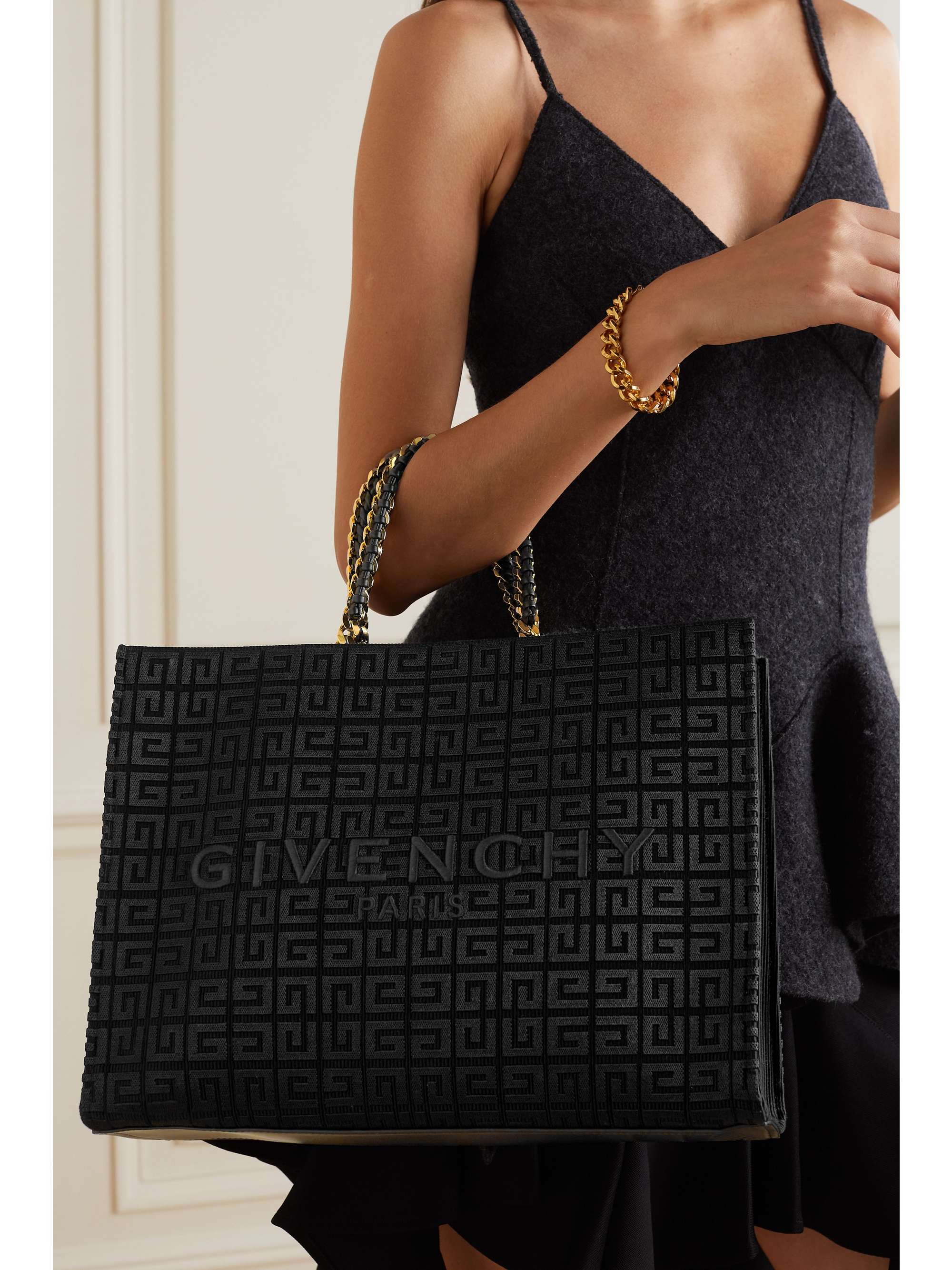 GIVENCHY Sac à main en toile jacquard à finitions en cuir et à chaînes G-Tote Medium