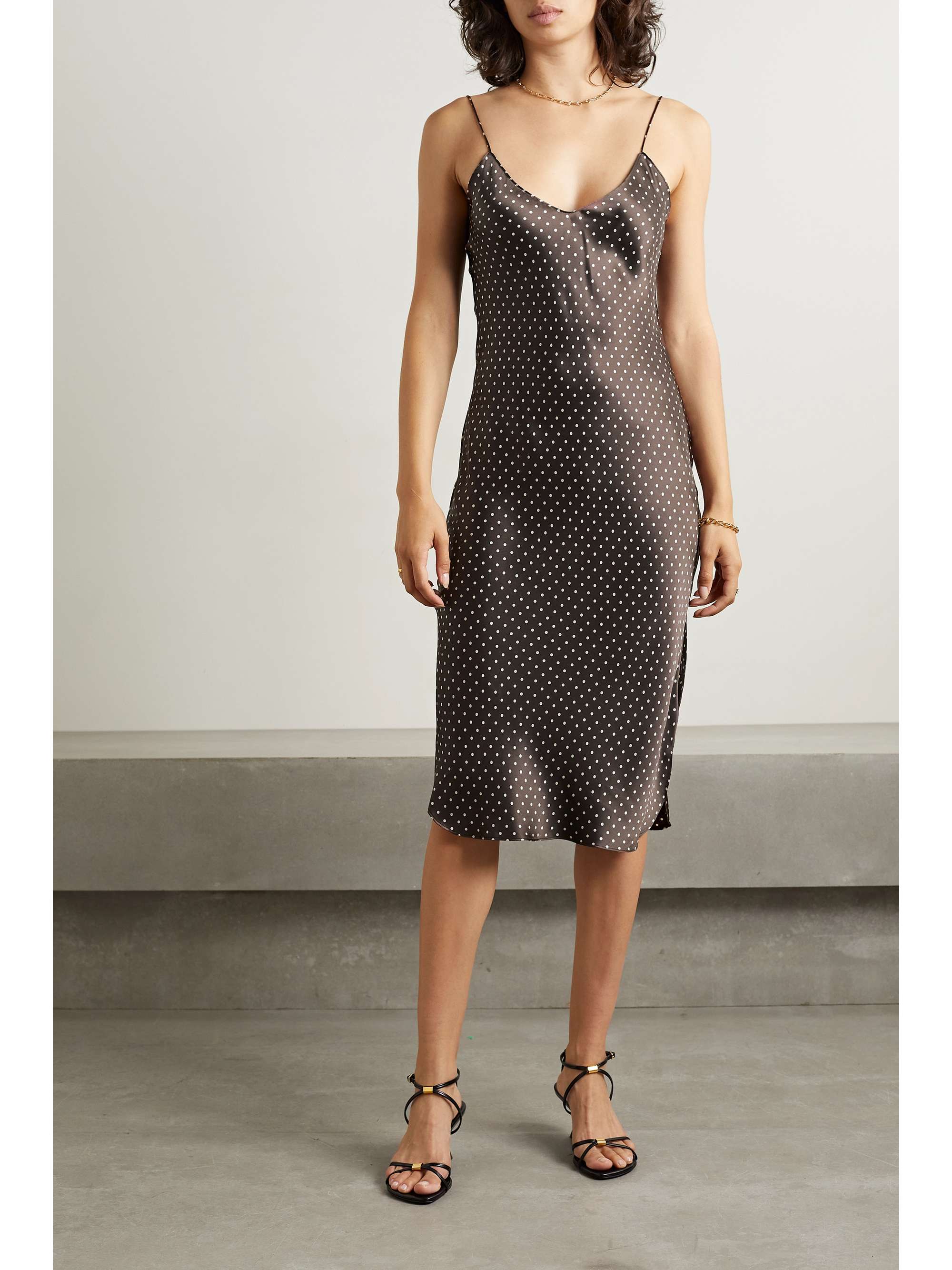 polka dot satin midi dress