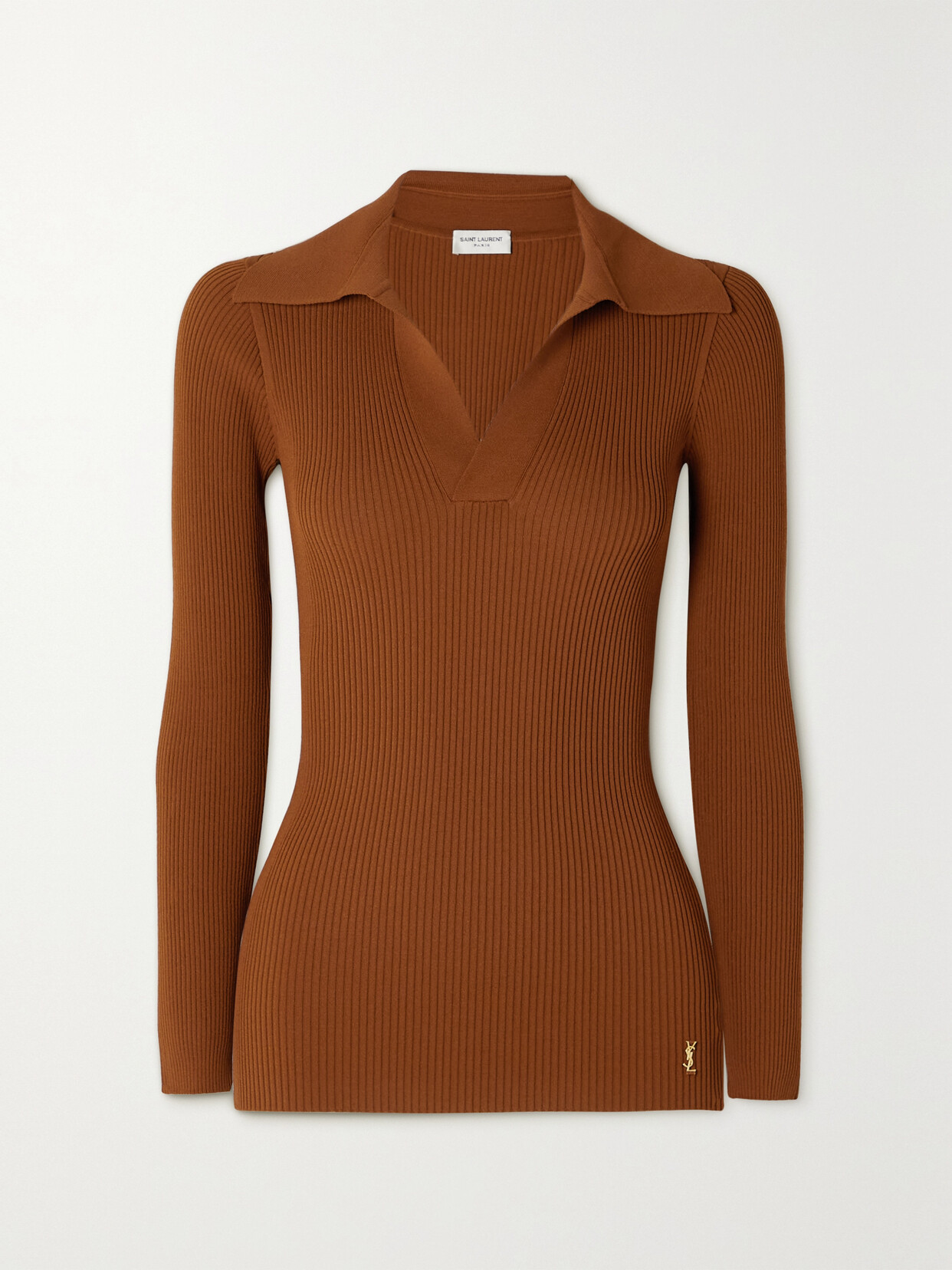 Saint Laurent Embellished Ribbed-knit Polo Sweater In Brown