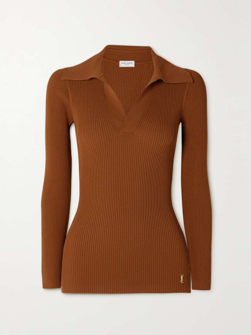 Saint Laurent Embellished Ribbed-knit Polo Sweater