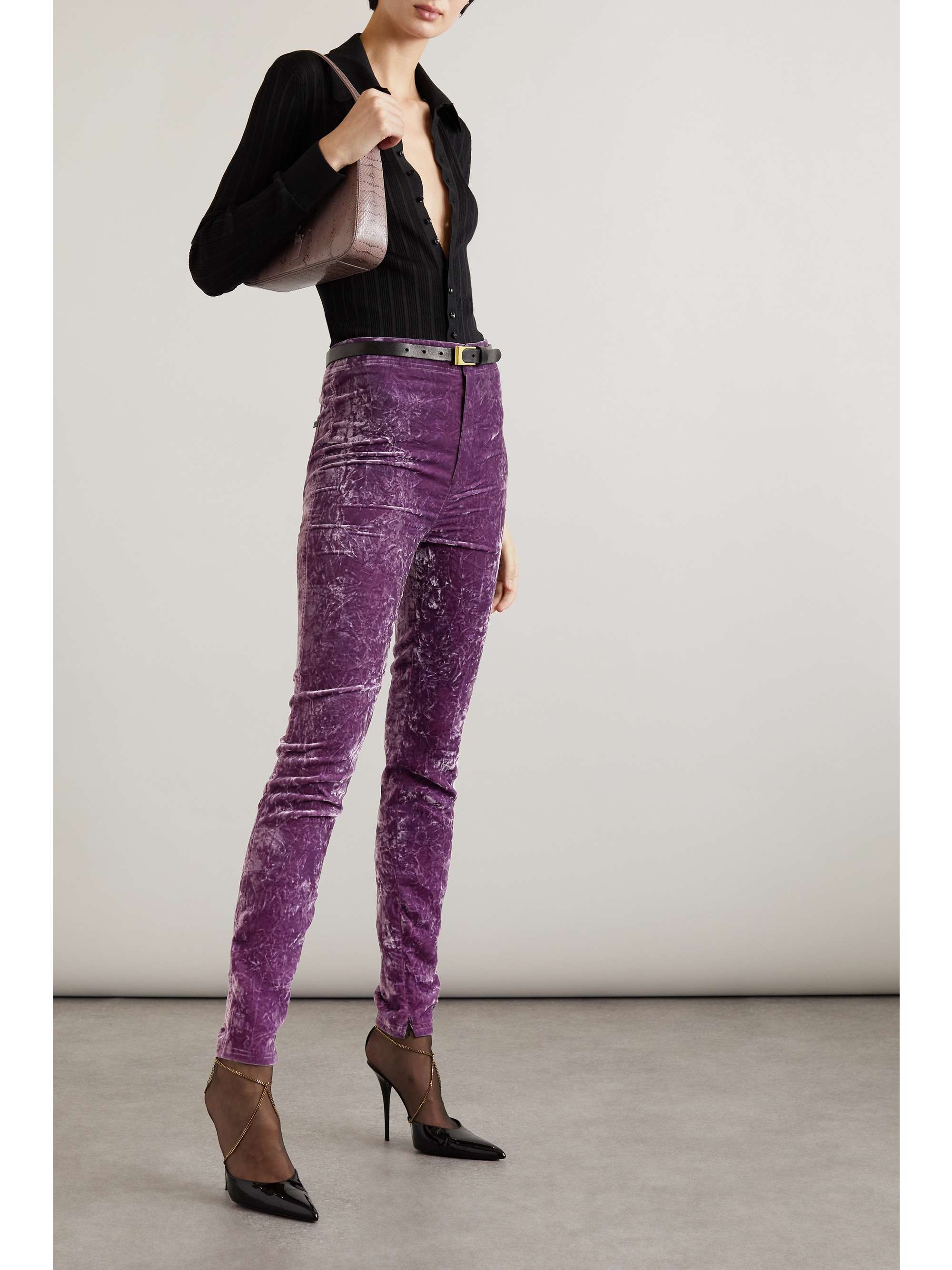 Saint Laurent Women's Crushed-Velvet Skinny Pants