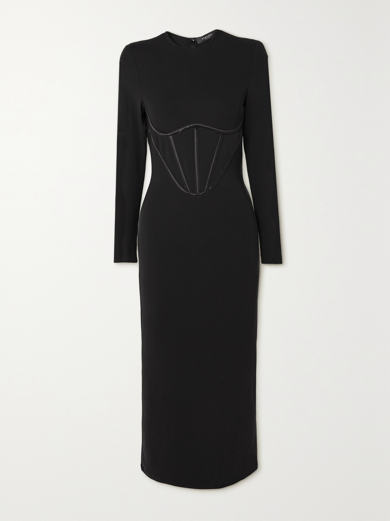 Versace Corset Detail Long Sleeve Jersey Midi Dress In Black
