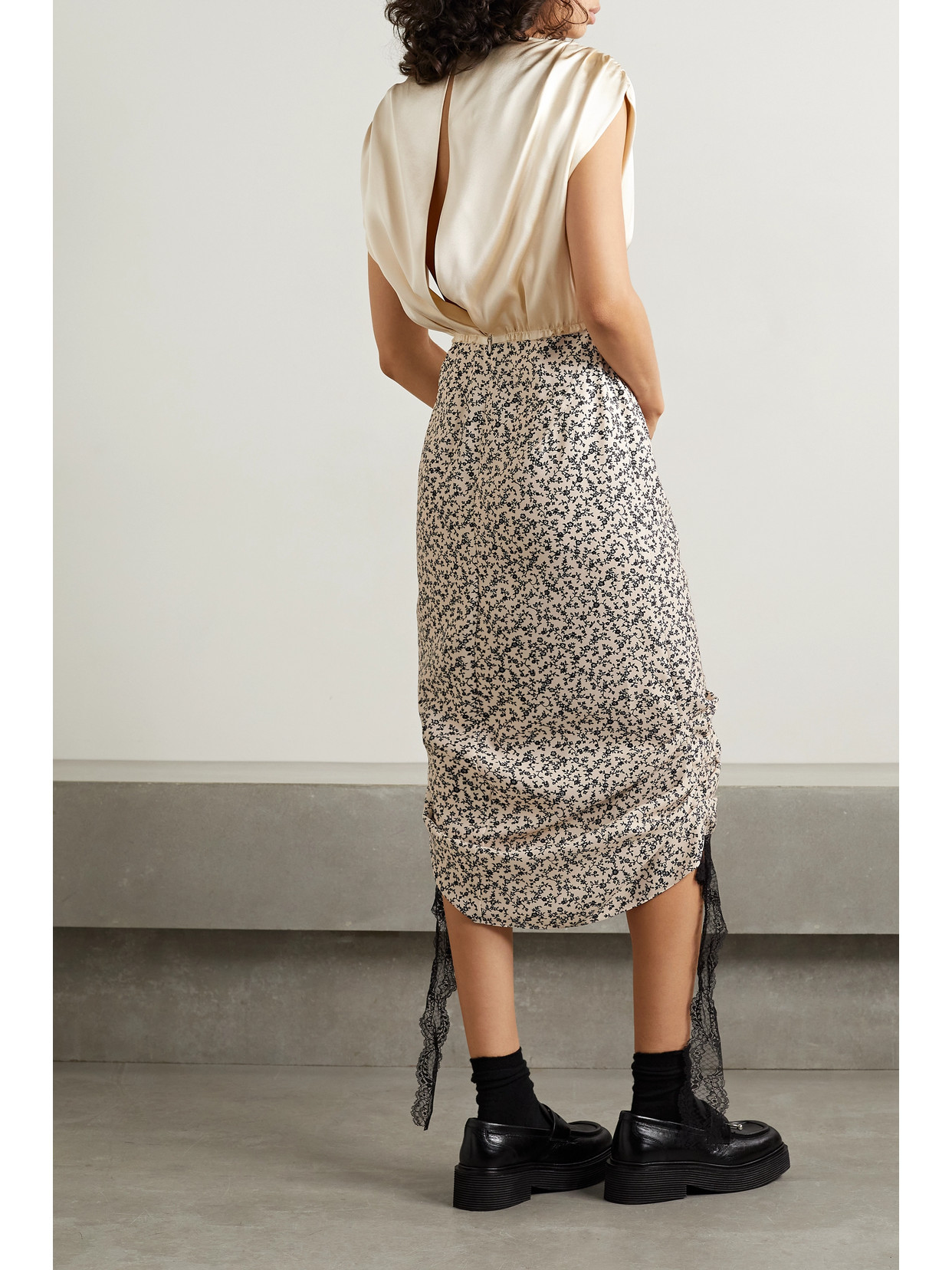 Commission Cavalier Lace-trimmed Paneled Silk-satin And Floral-print Crepe Midi Dress In Cream