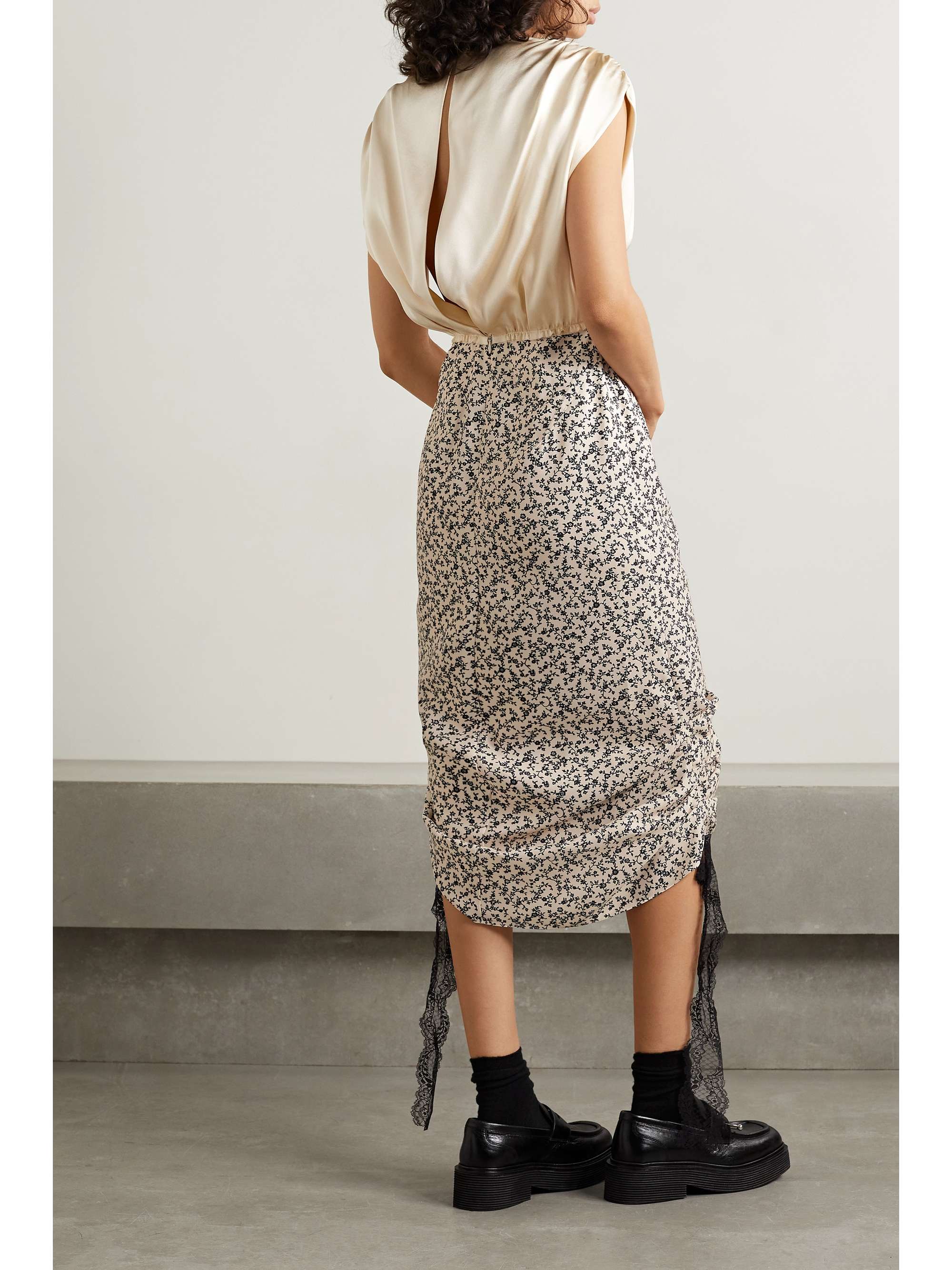 COMMISSION Cavalier lace-trimmed paneled silk-satin and floral-print crepe midi dress