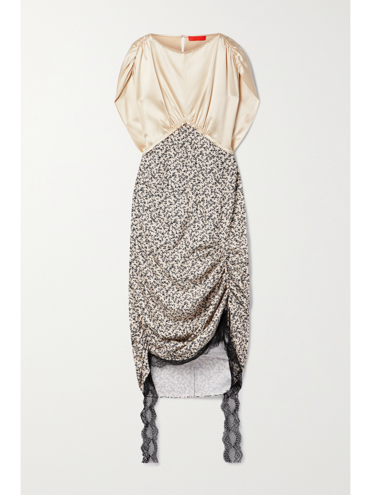 COMMISSION CAVALIER LACE-TRIMMED PANELED SILK-SATIN AND FLORAL-PRINT CREPE MIDI DRESS