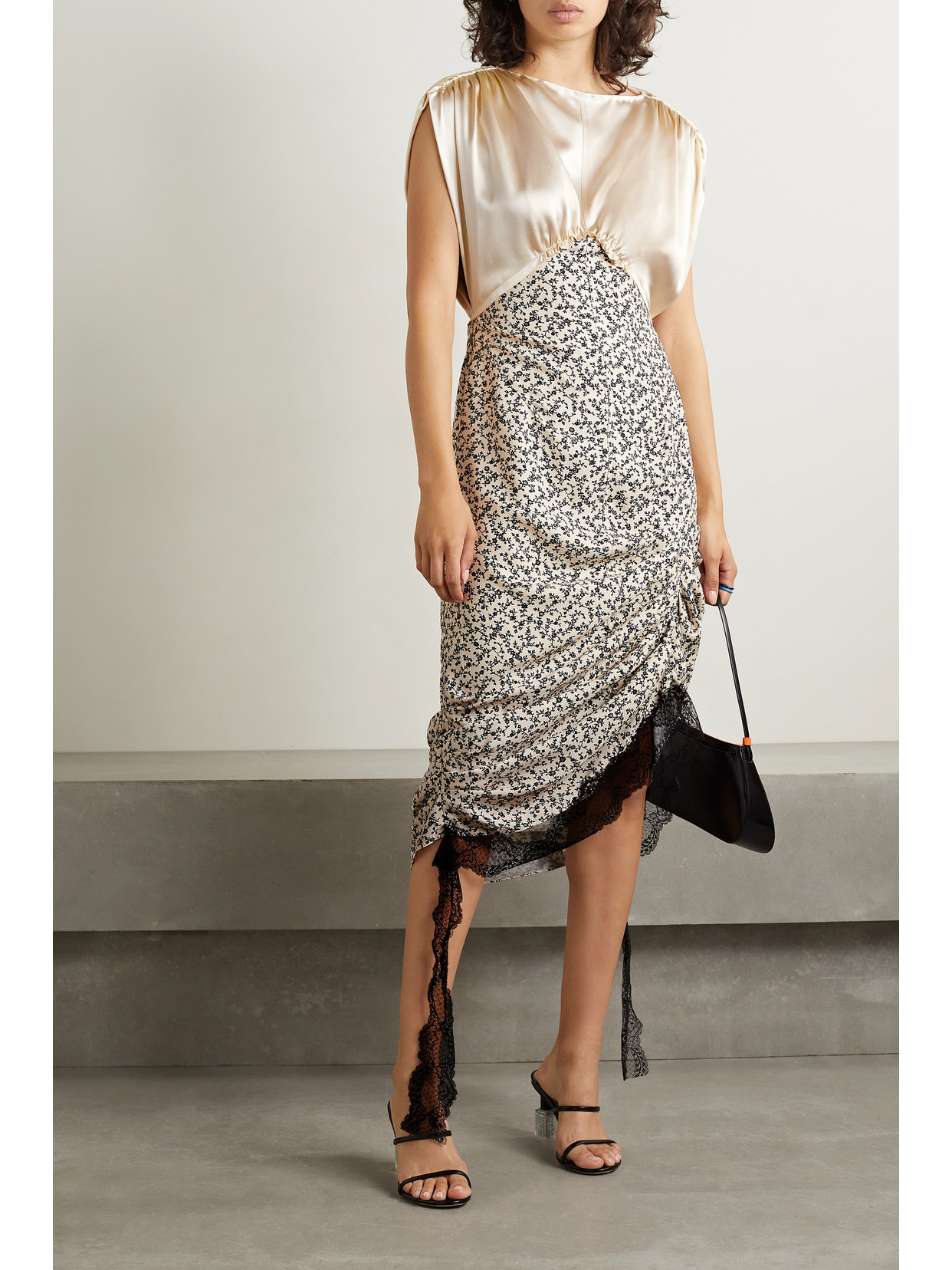 Commission Cavalier Lace-trimmed Paneled Silk-satin And Floral-print Crepe Midi Dress In Cream