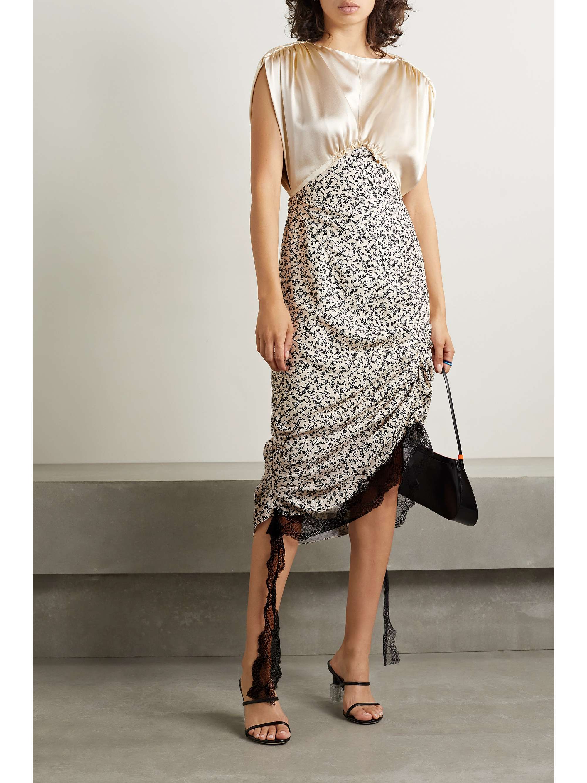 COMMISSION Cavalier lace-trimmed paneled silk-satin and floral-print crepe midi dress