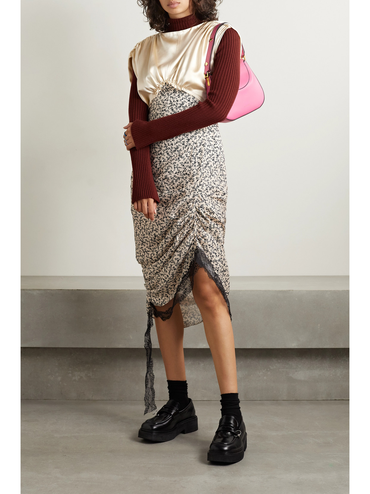 Commission Cavalier Lace-trimmed Paneled Silk-satin And Floral-print Crepe Midi Dress In Cream