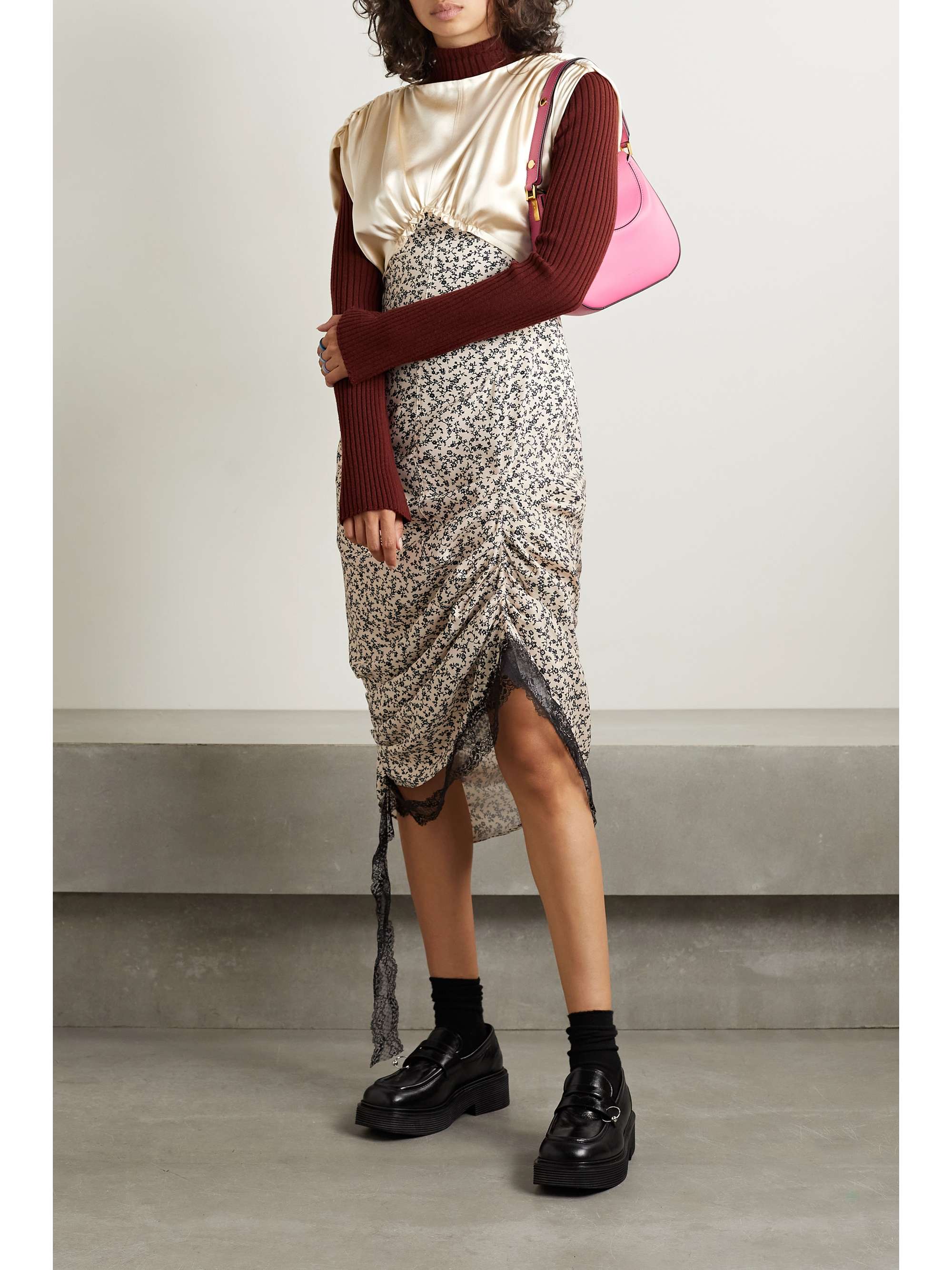 COMMISSION Cavalier lace-trimmed paneled silk-satin and floral-print crepe midi dress