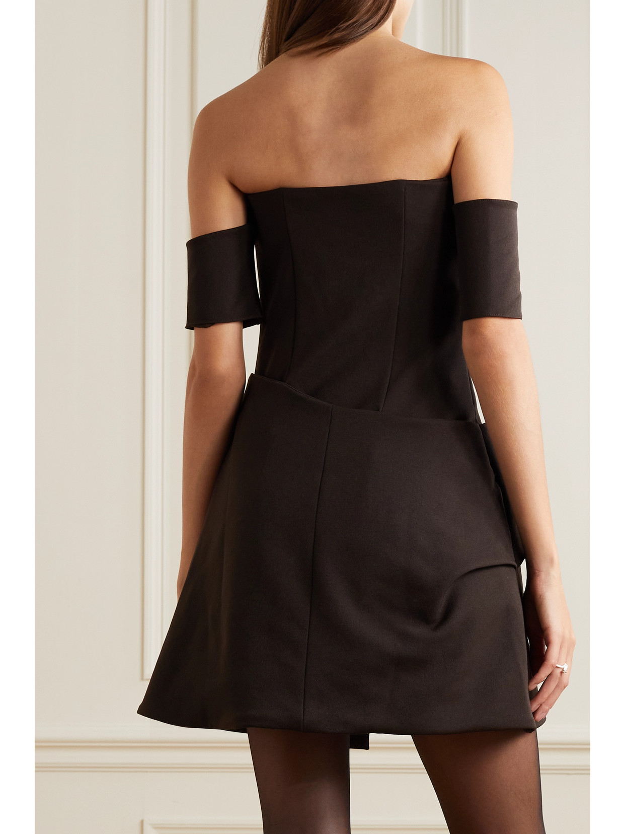 Maximilian Skarla Off-the-shoulder Layered Woven Mini Dress In Brown