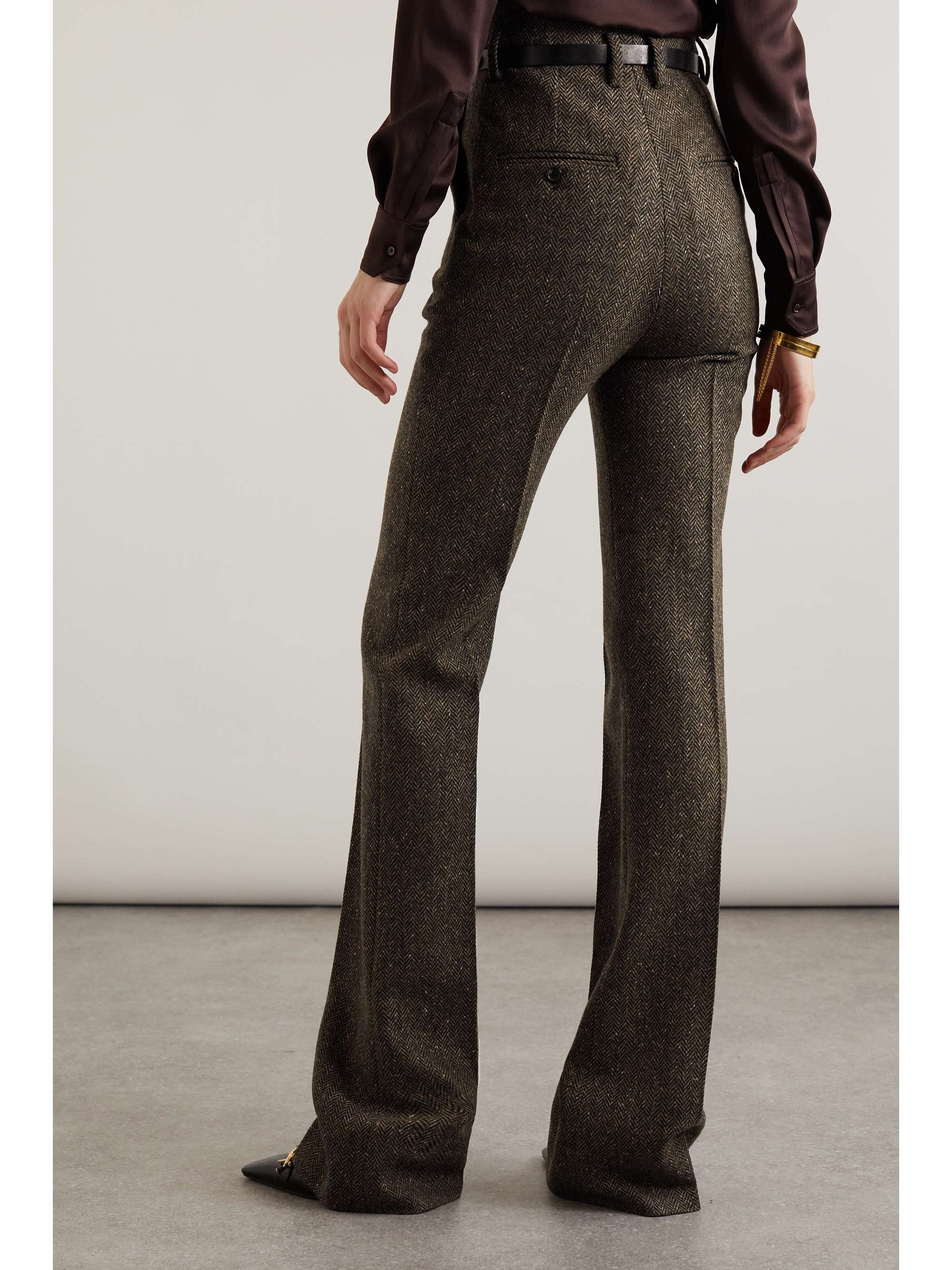 SAINT LAURENT Schlaghose aus Woll-Tweed mit Fischgratmuster und Falten