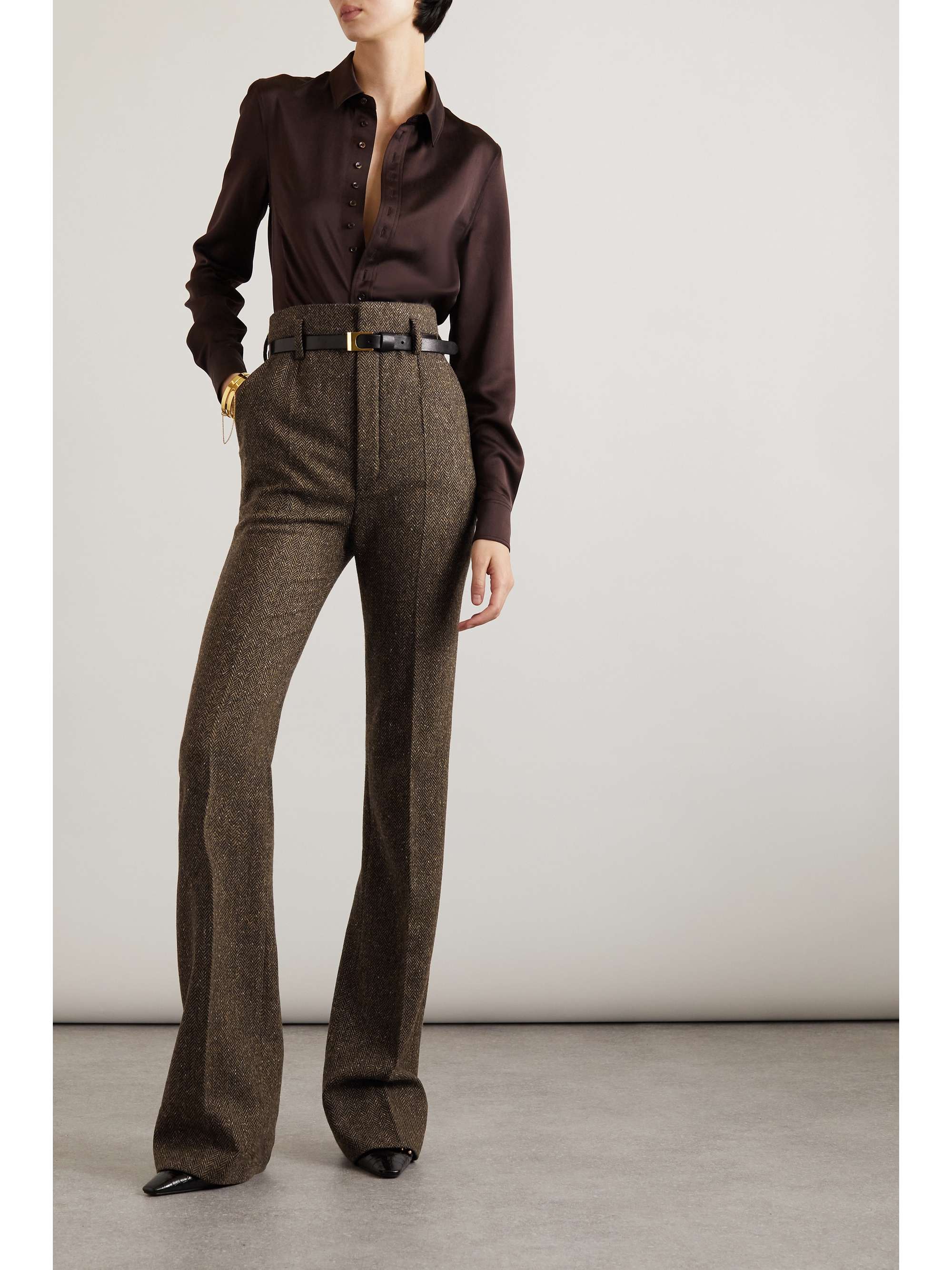 SAINT LAURENT Schlaghose aus Woll-Tweed mit Fischgratmuster und Falten