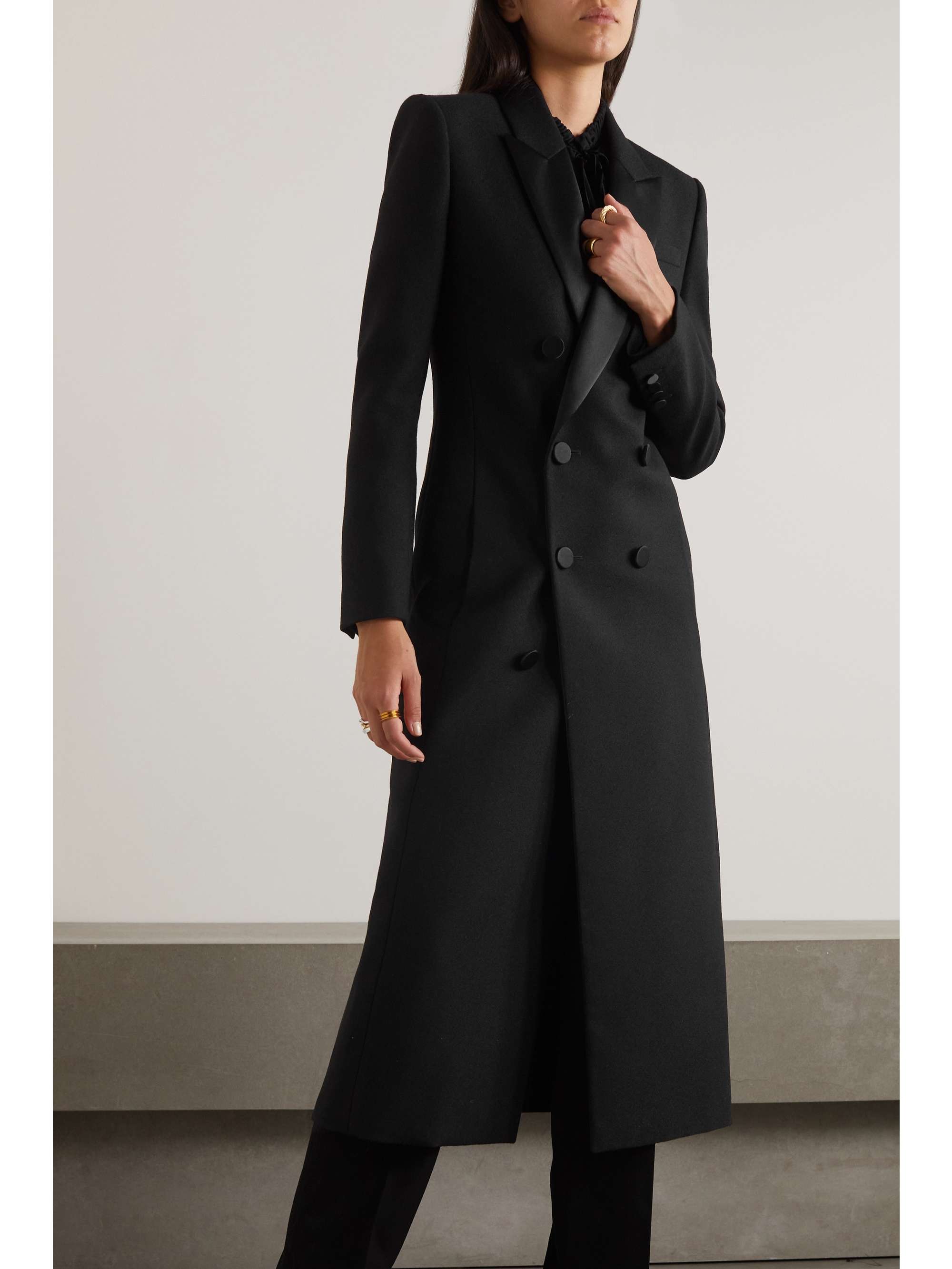 Double-breasted silk-trimmed wool coat 