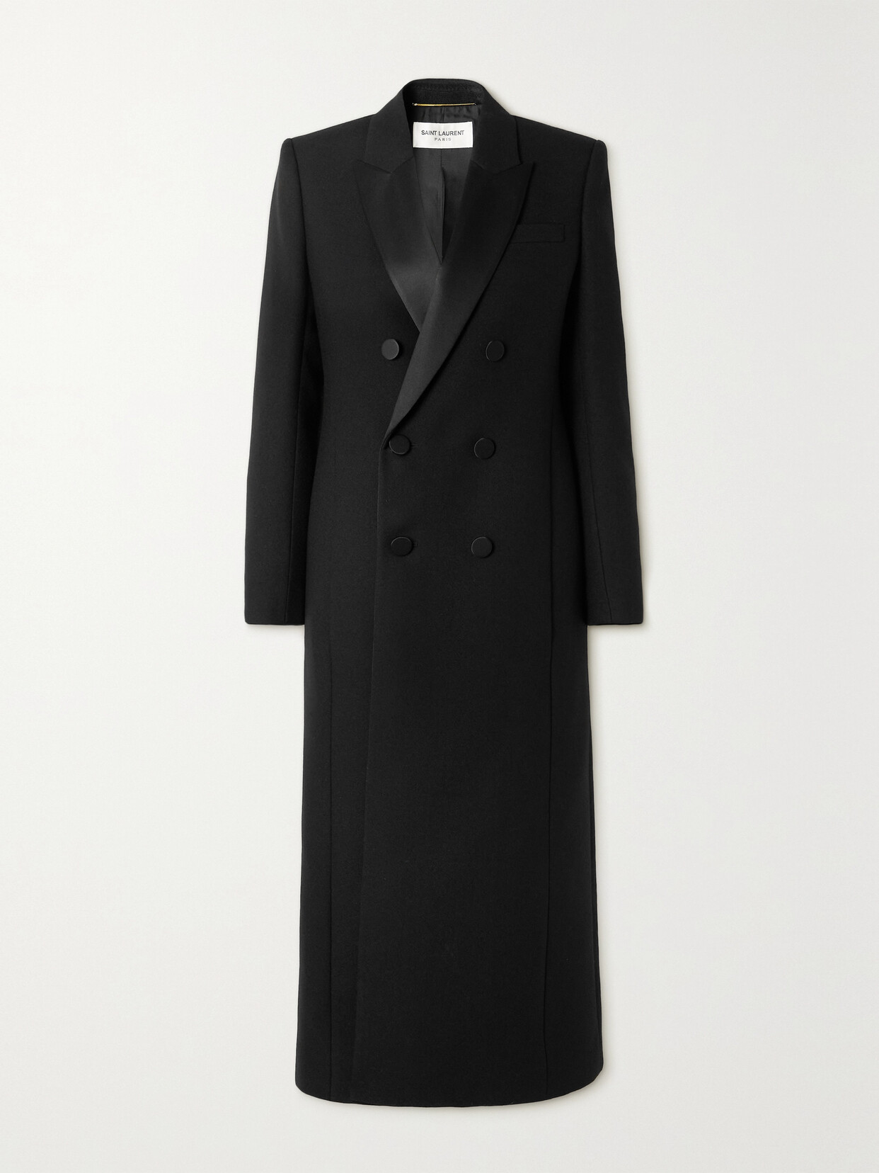 SAINT LAURENT Double-breasted Silk-trimmed Wool Coat - Black