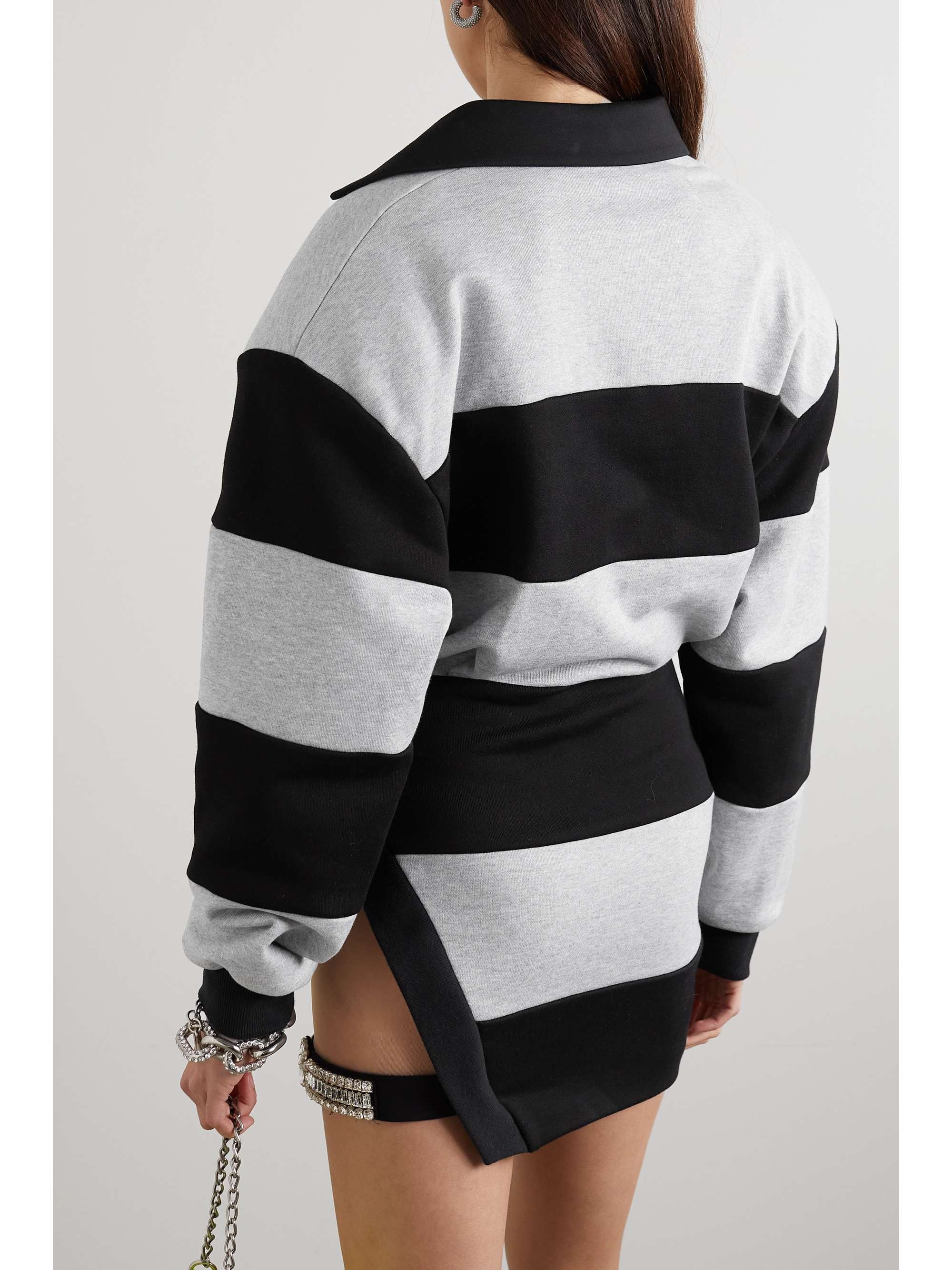 DAVID KOMA Embellished mesh-trimmed striped cotton-jersey mini shirt dress