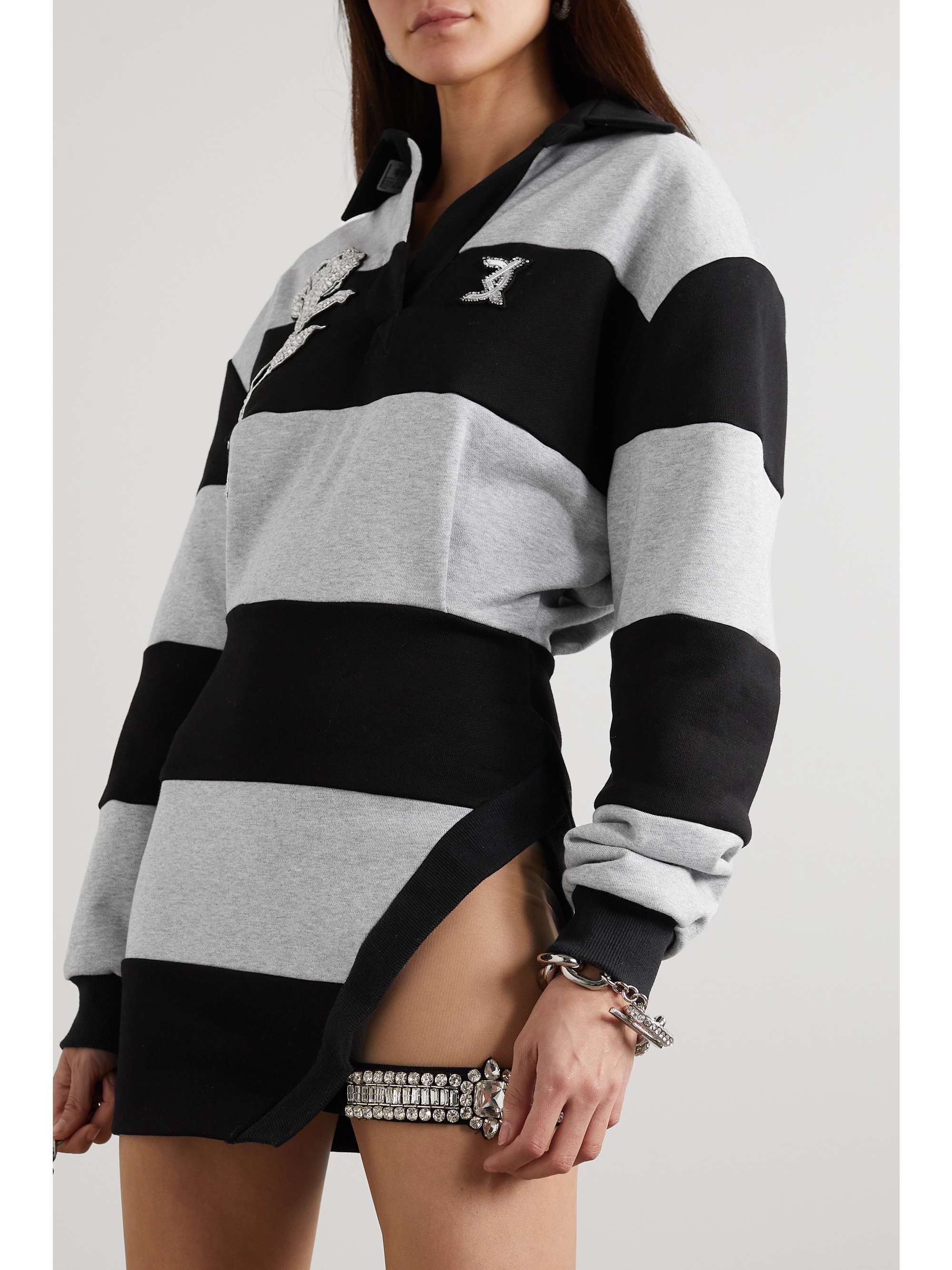 DAVID KOMA Embellished mesh-trimmed striped cotton-jersey mini shirt dress
