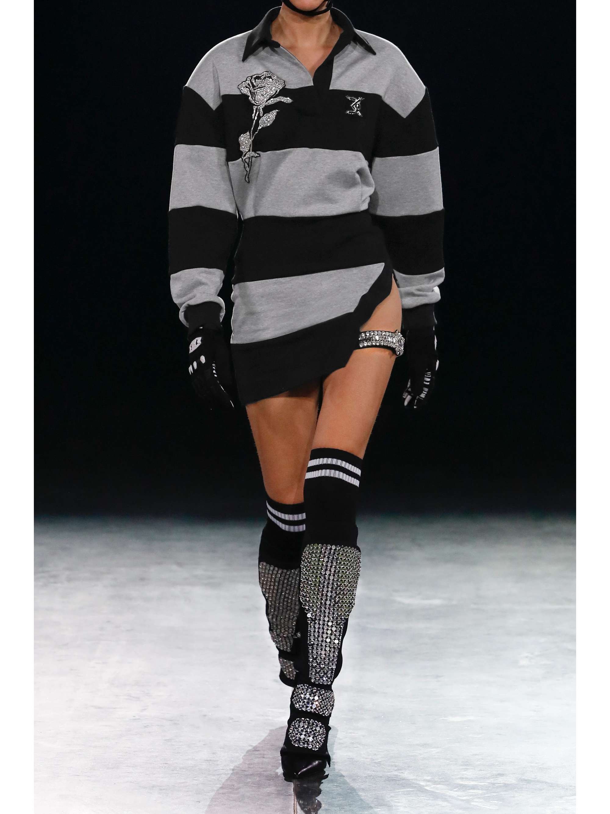 DAVID KOMA Embellished mesh-trimmed striped cotton-jersey mini shirt dress