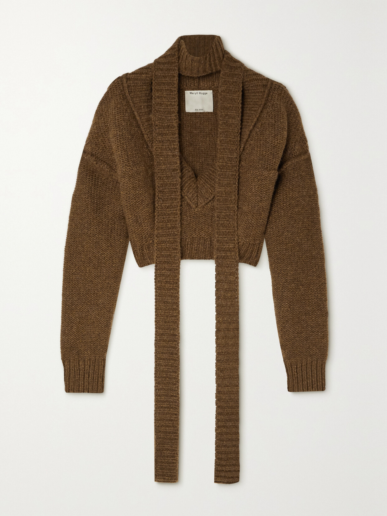 Meryll Rogge Off The Shoulder Crop Shetland Wool Sweater & Scarf In Brown