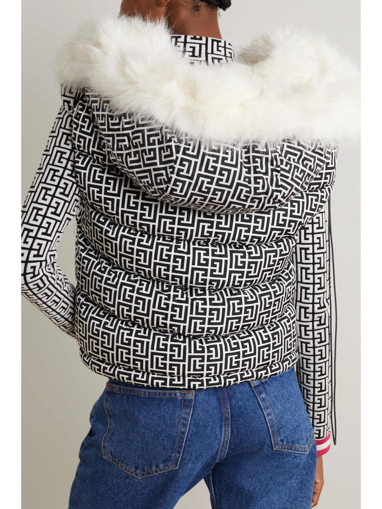 Balmain Faux Fur-trimmed Printed Quilted Padded Shell Vest In Black