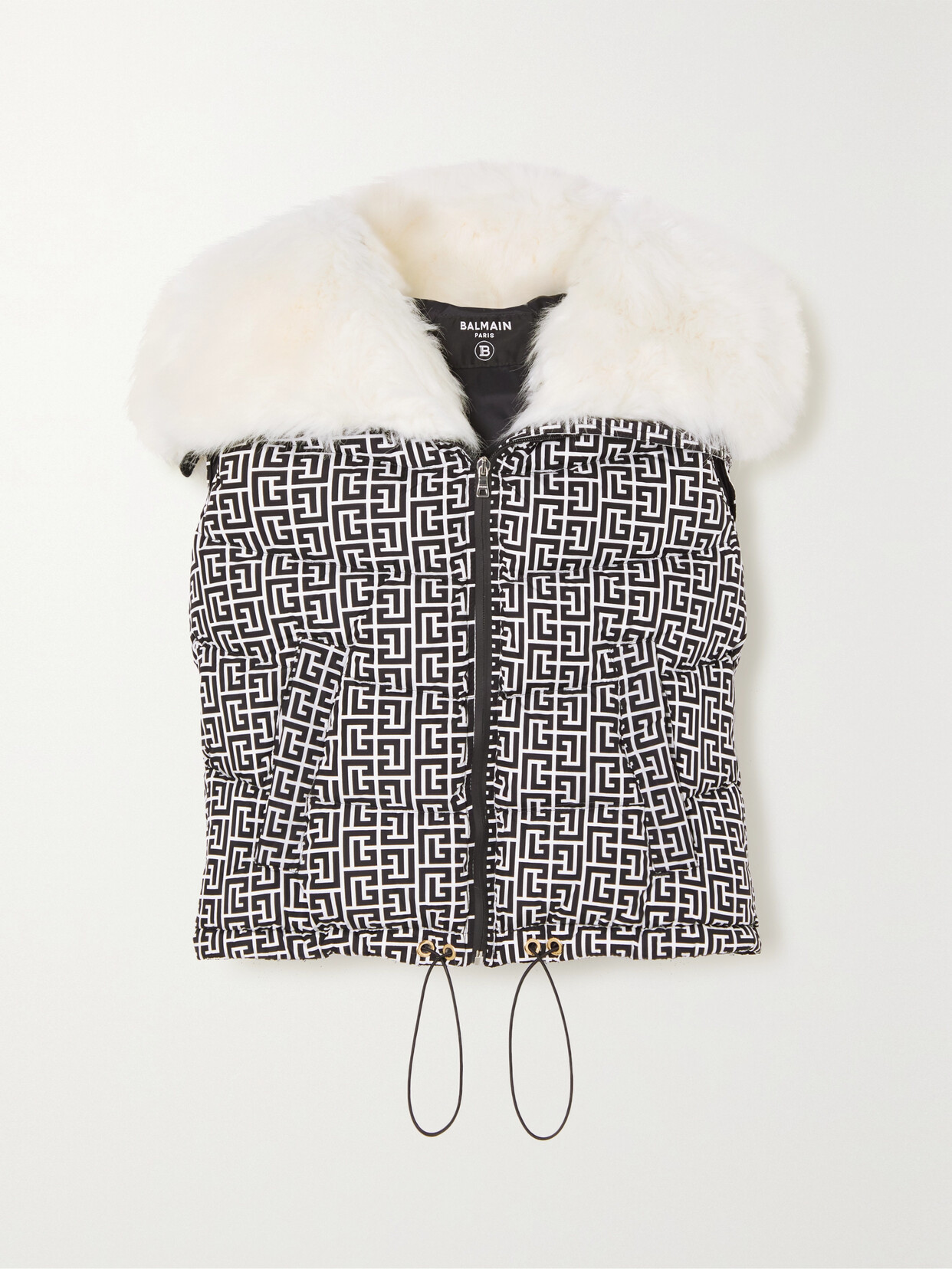 Balmain Faux Fur-trimmed Printed Quilted Padded Shell Vest In Eab Noir/blanc