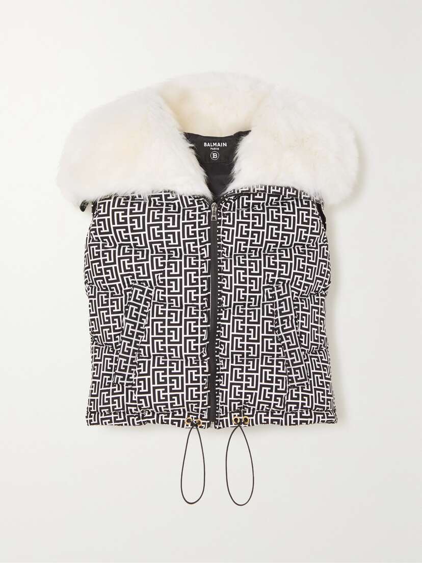 Balmain Faux Fur-trimmed Printed Quilted Padded Shell Vest