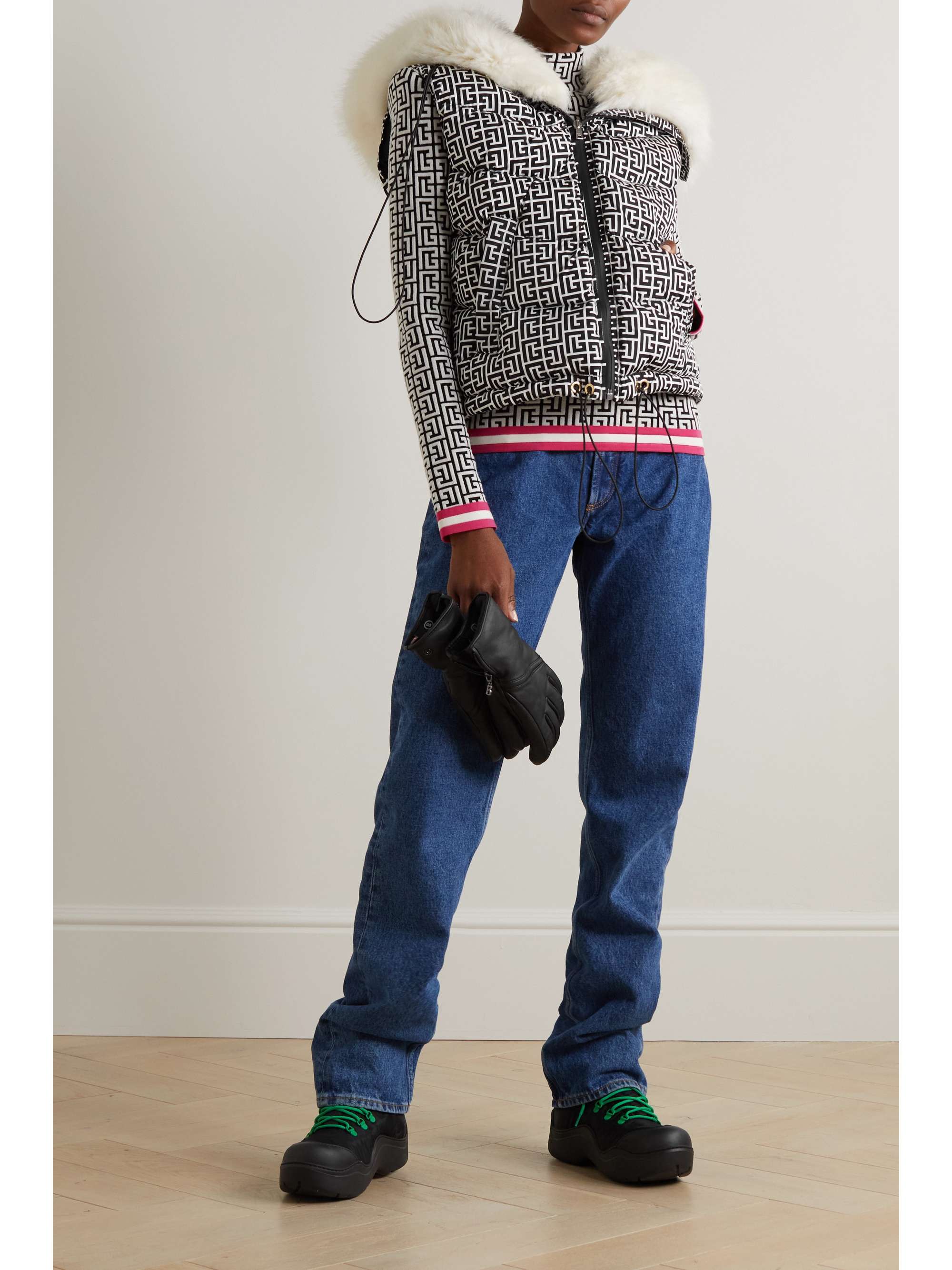 BALMAIN Faux fur-trimmed printed quilted padded shell vest