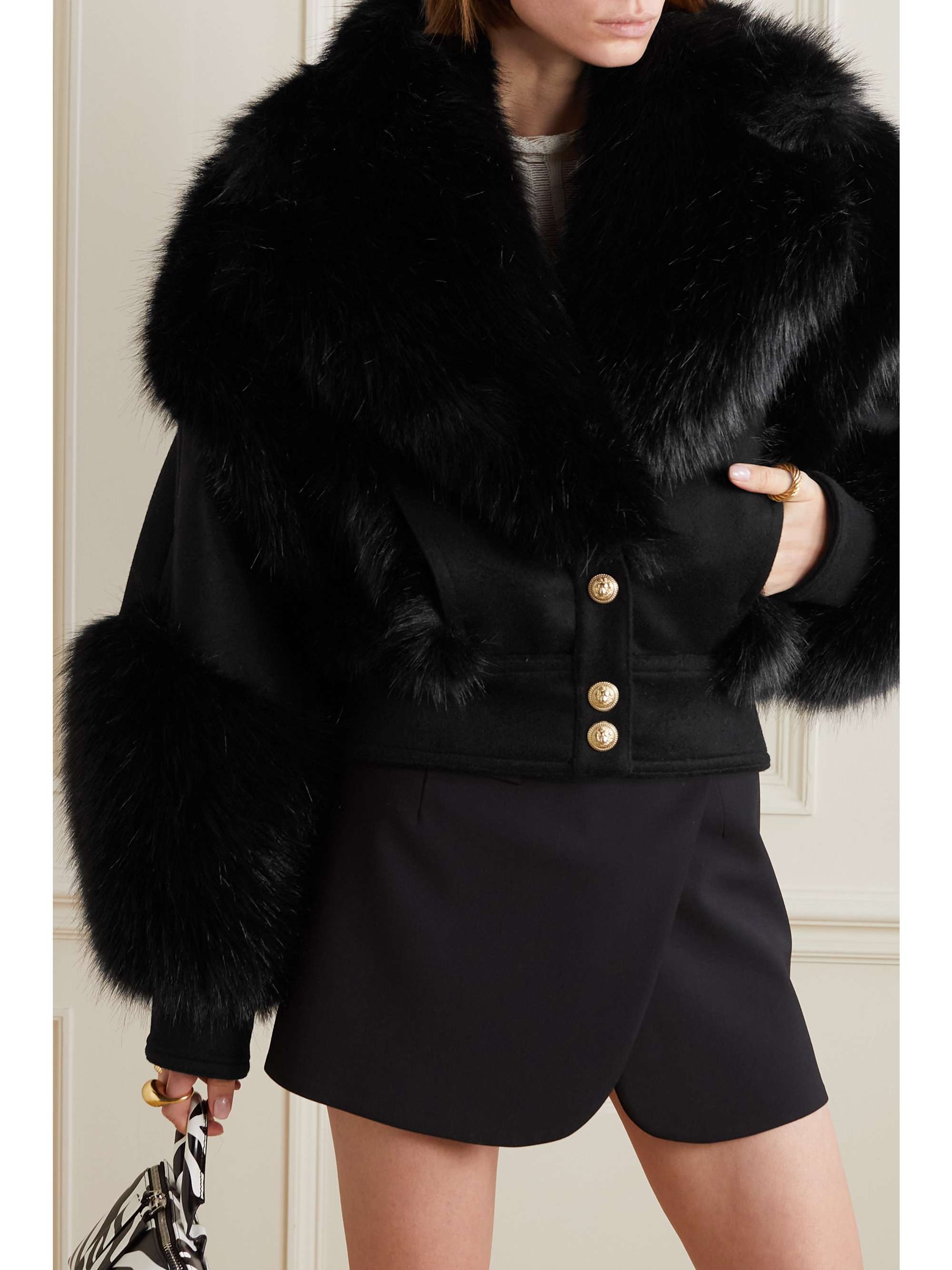 BALMAIN Faux fur and wool jacket