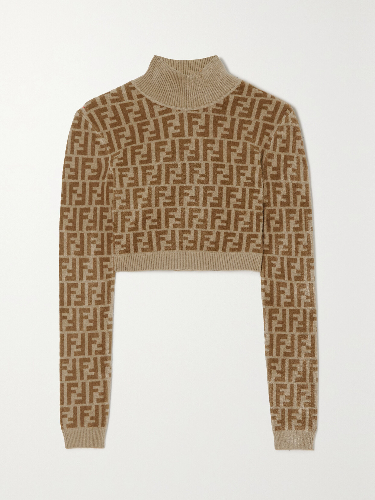 Shop Fendi Printed Stretch-velvet Cropped Turtleneck Sweater In Brown