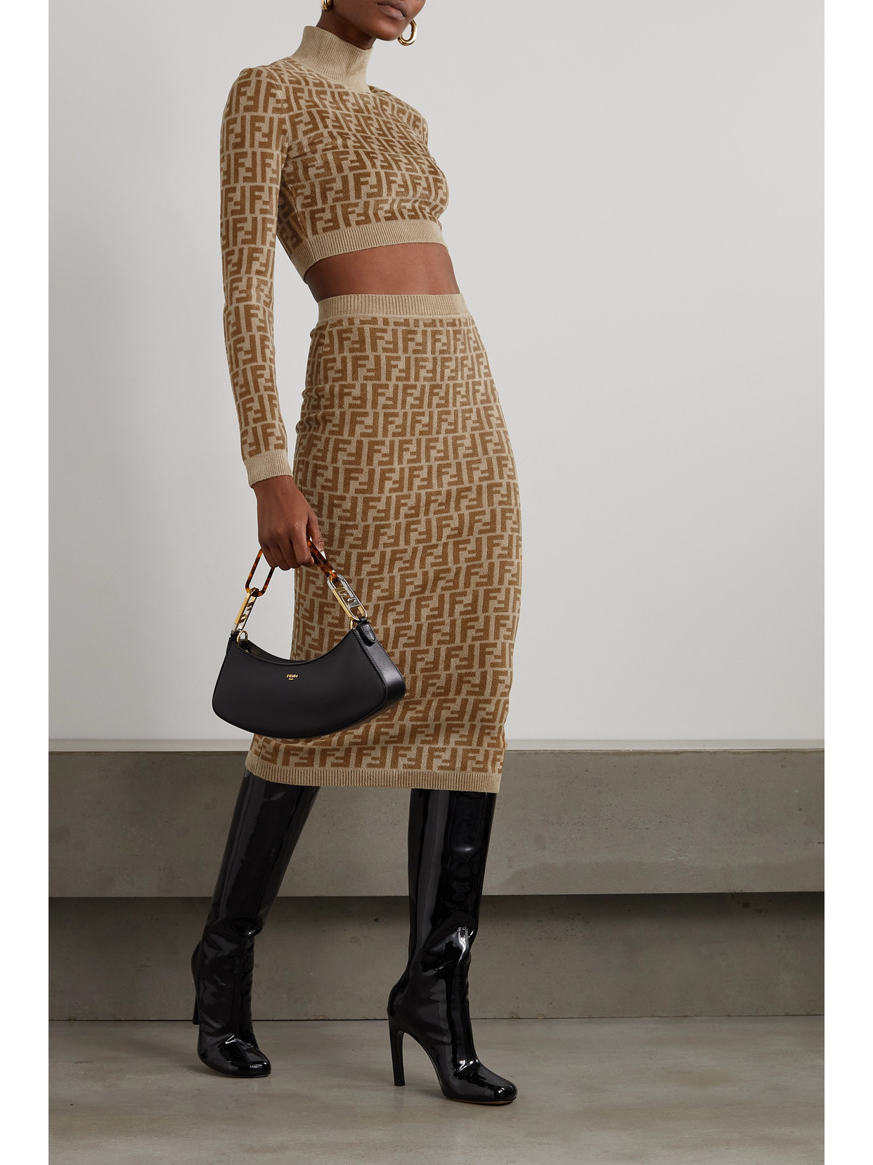 Shop Fendi Printed Stretch-velvet Cropped Turtleneck Sweater In Brown