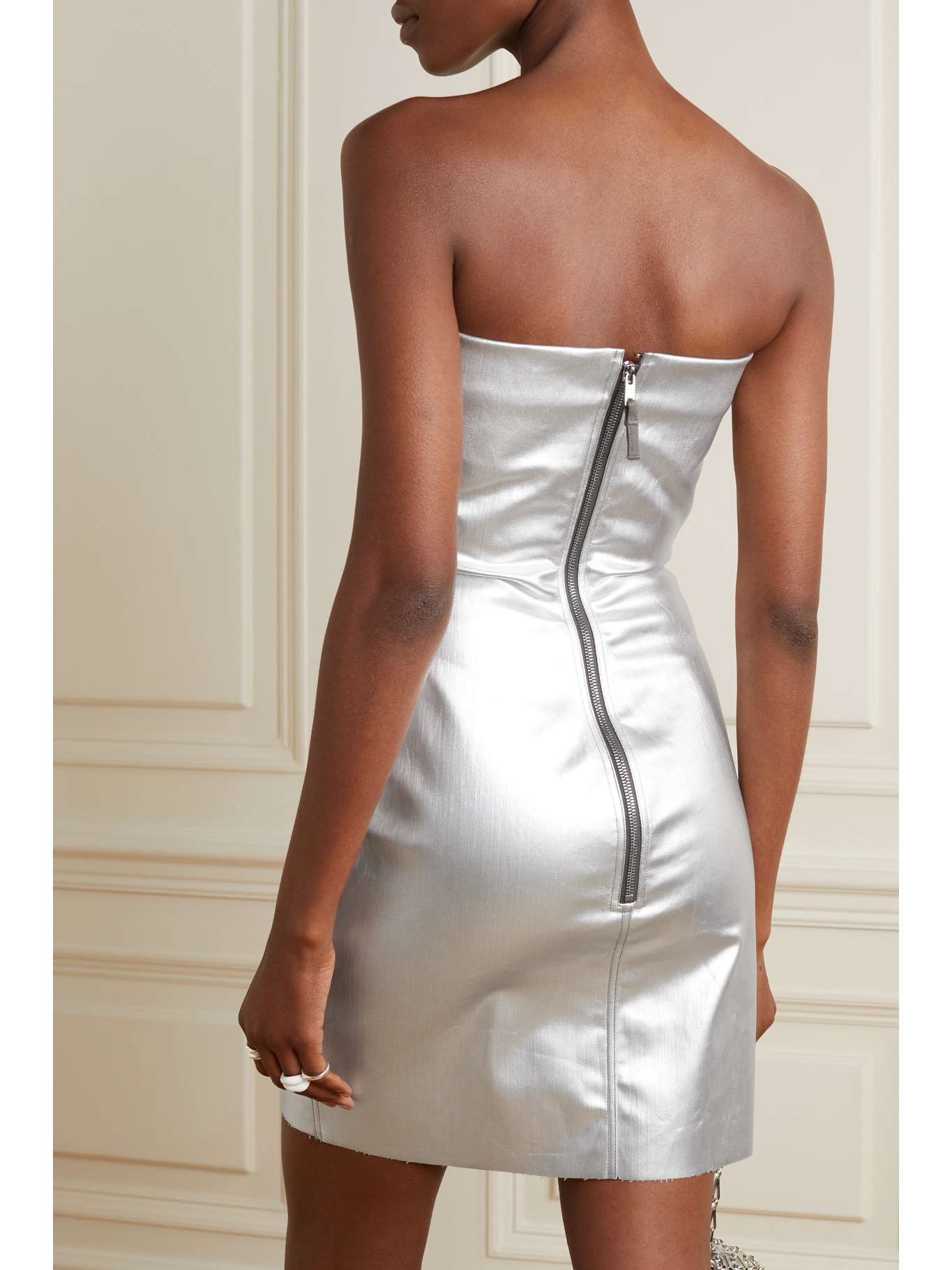 Silver Strapless metallic coateddenim mini dress RICK OWENS NETA