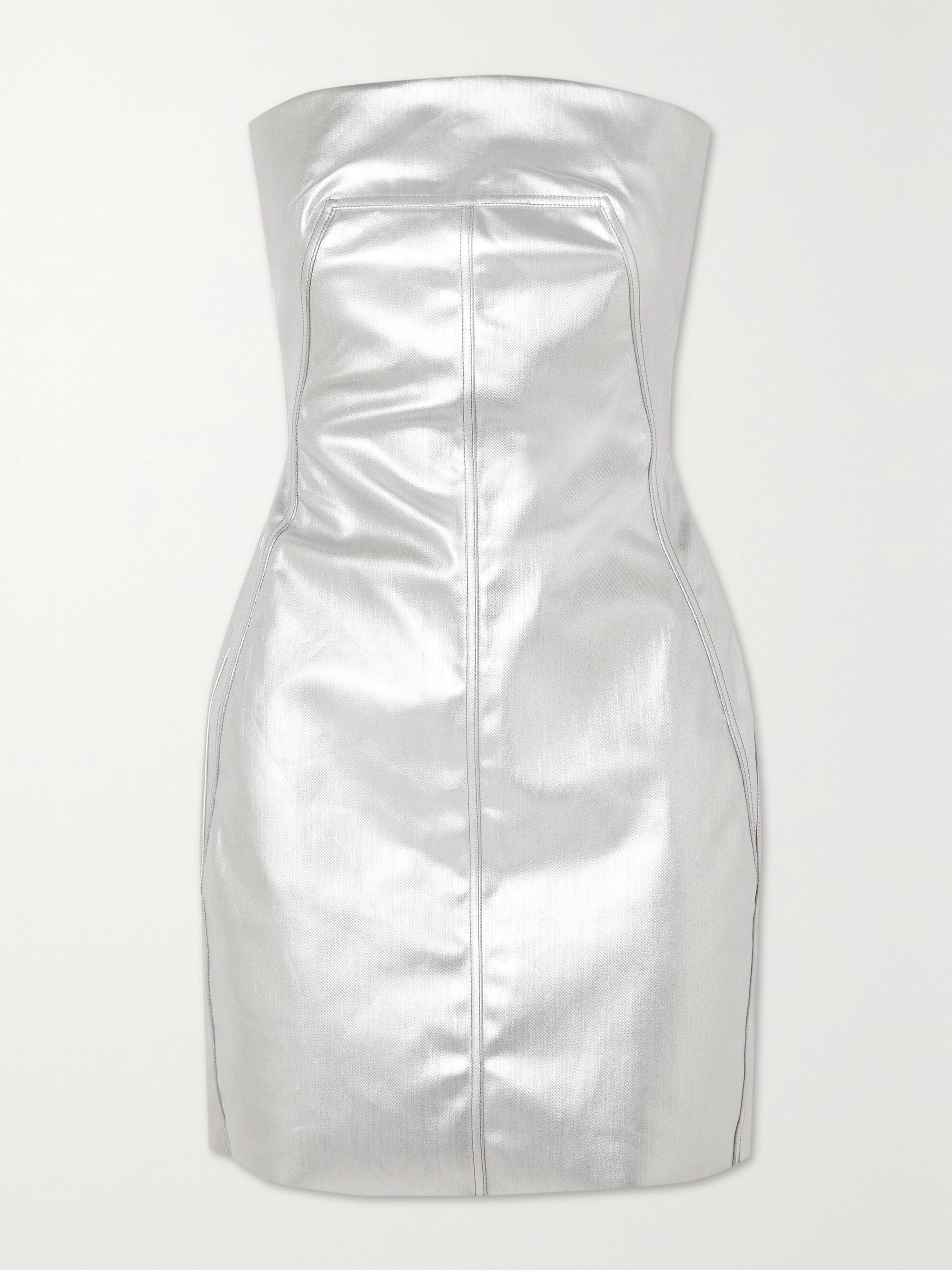 Rick Owens Strapless metallic coated-denim mini dress