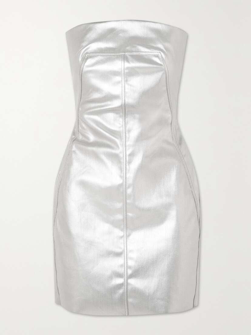 Rick Owens Strapless Metallic Coated-denim Mini Dress