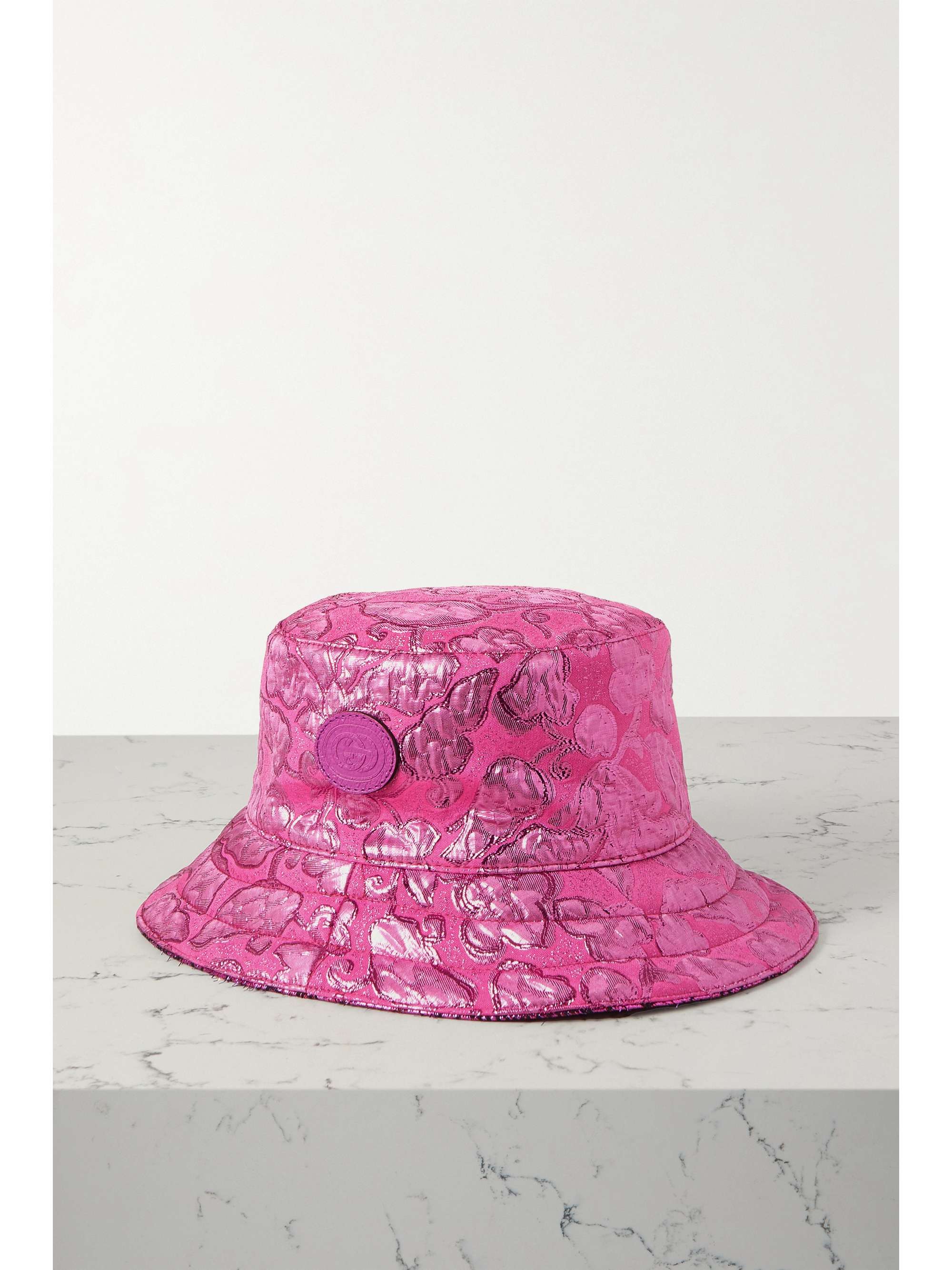 Pink Reversible leather-trimmed brocade 