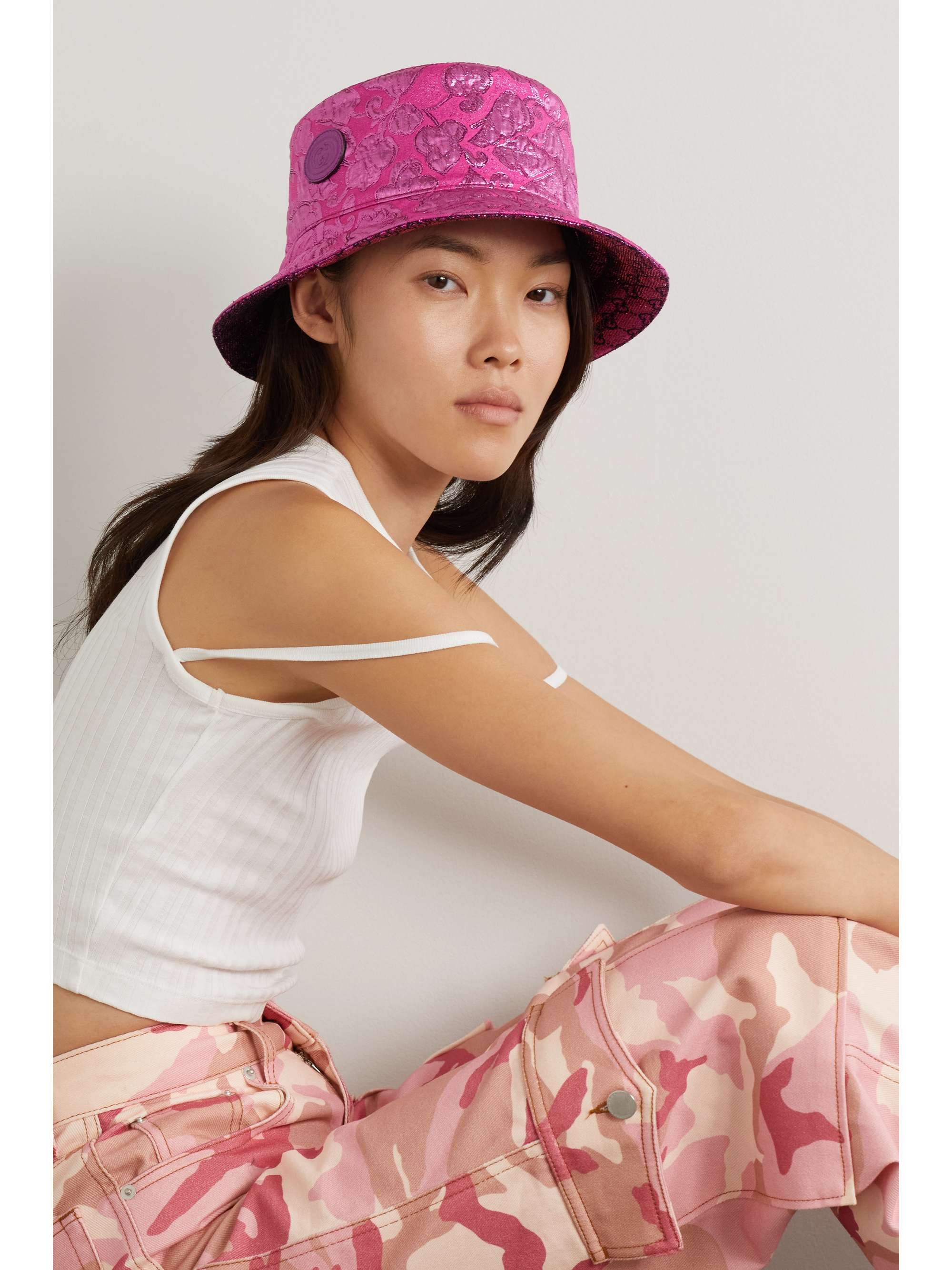 Pink Reversible leather-trimmed brocade 