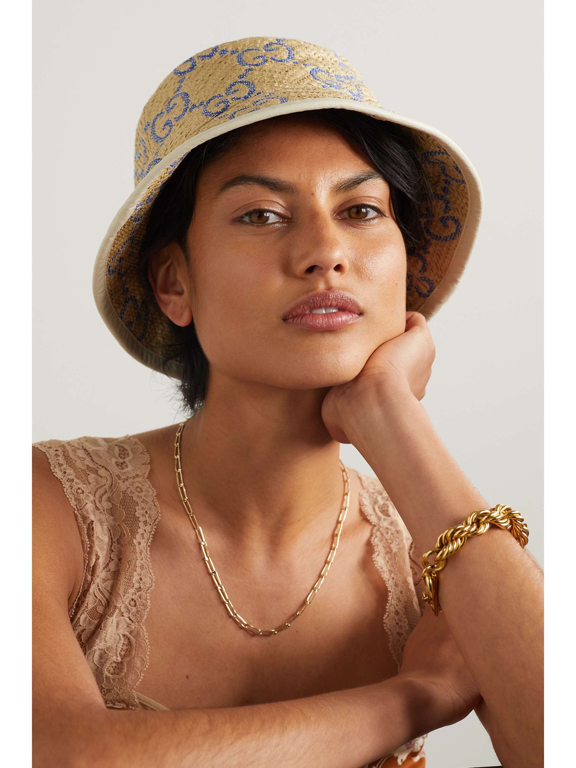 Beige Leathertrimmed raffiaeffect jacquard bucket hat GUCCI NETA