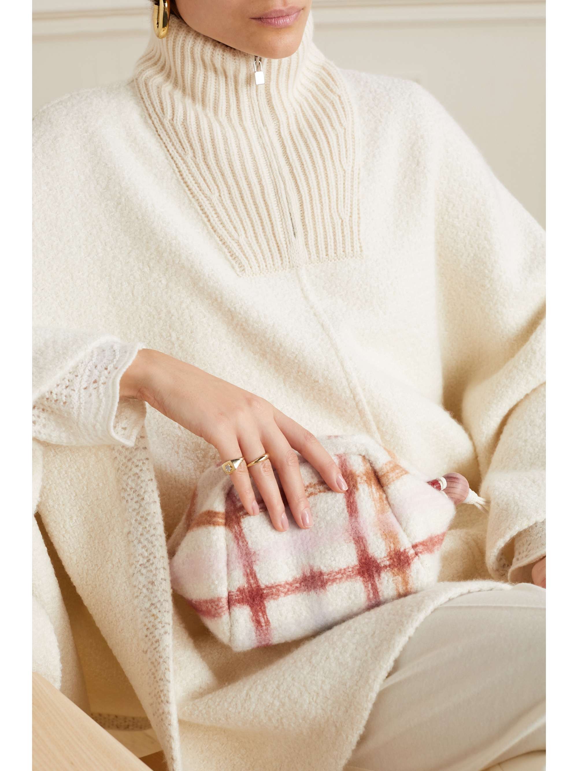 LORO PIANA Puffy leather-trimmed checked cashmere and silk-blend pouch