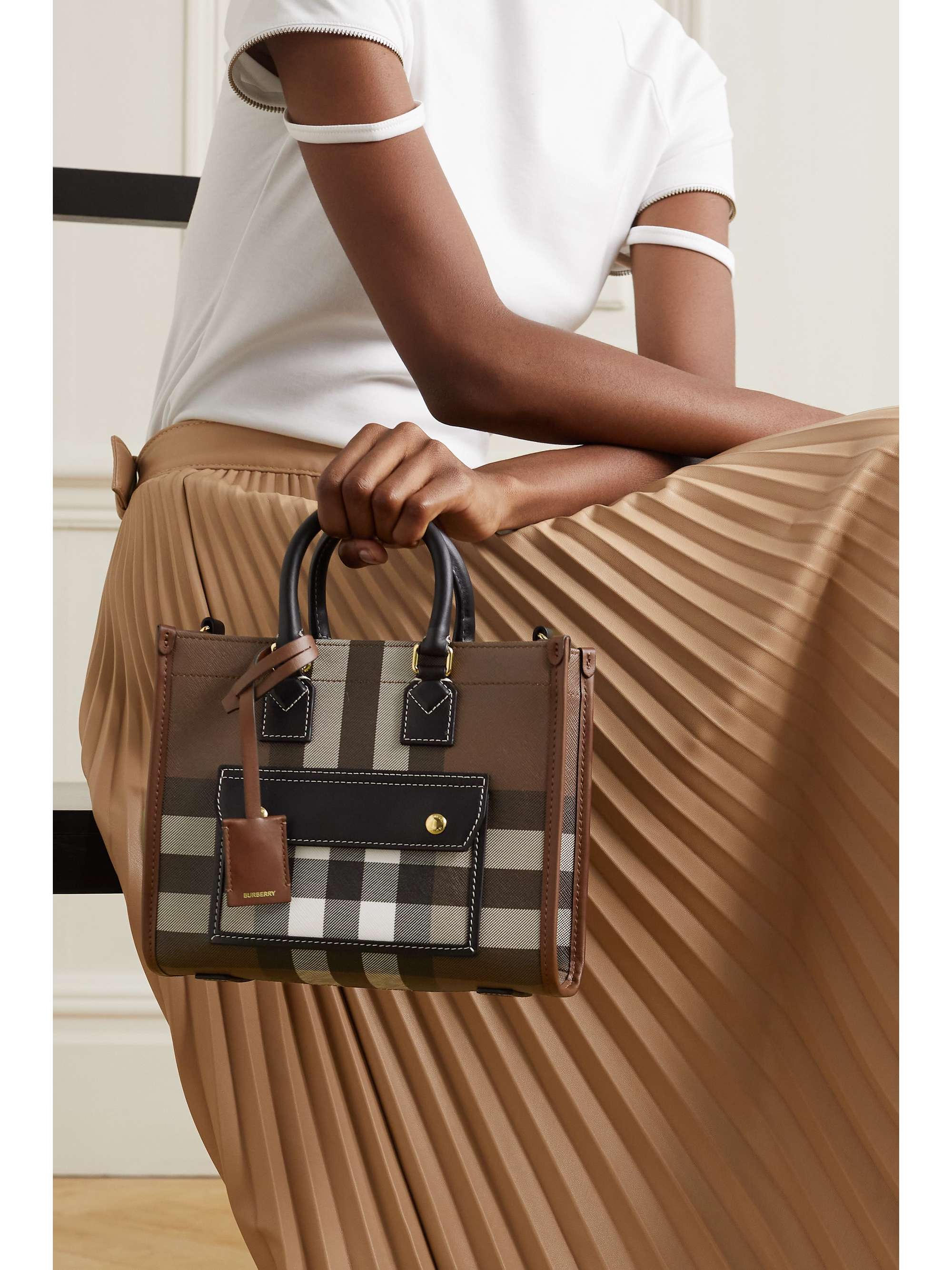 Mini leather-trimmed checked canvas tote