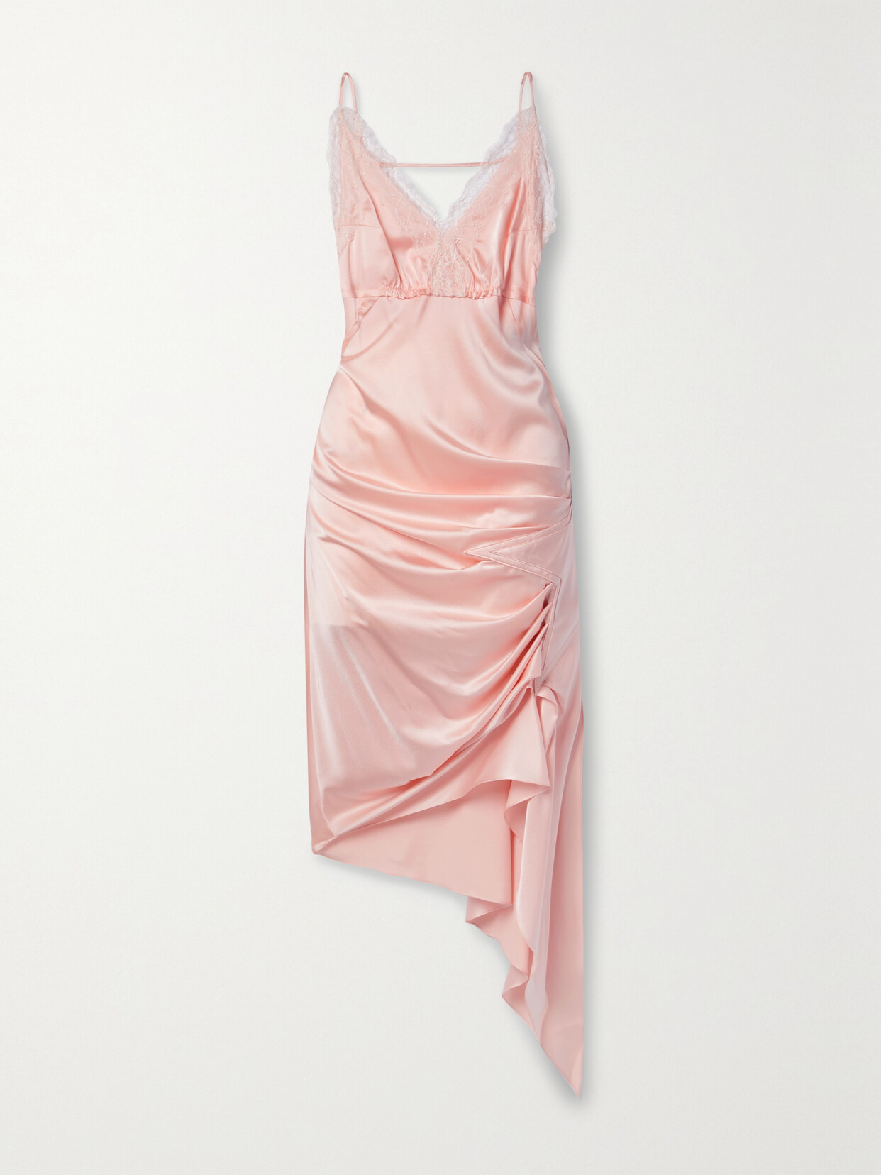 COMMISSION SALOON ASYMMETRIC LACE-TRIMMED GATHERED SILK-SATIN DRESS