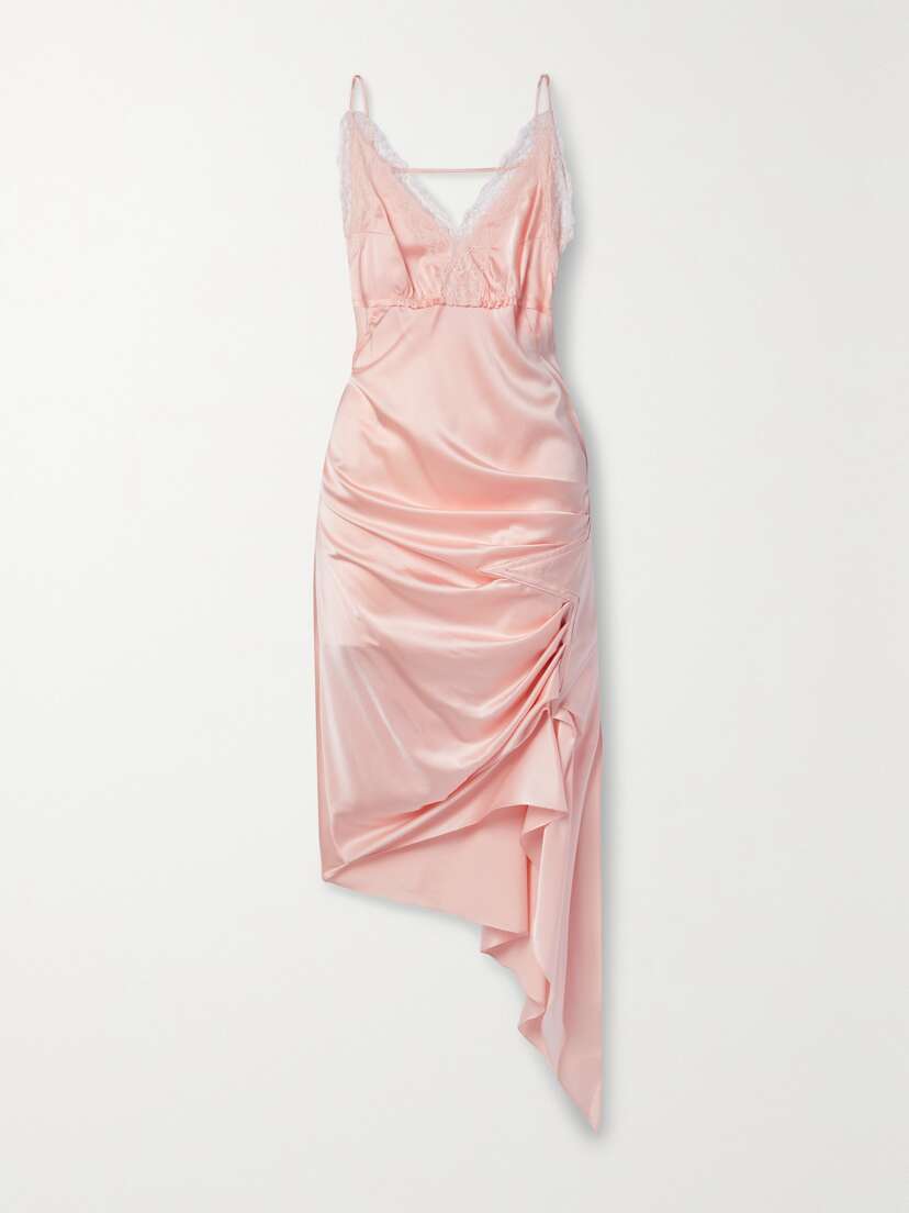 COMMISSION Saloon Asymmetric Lace-trimmed Gathered Silk-satin Dress