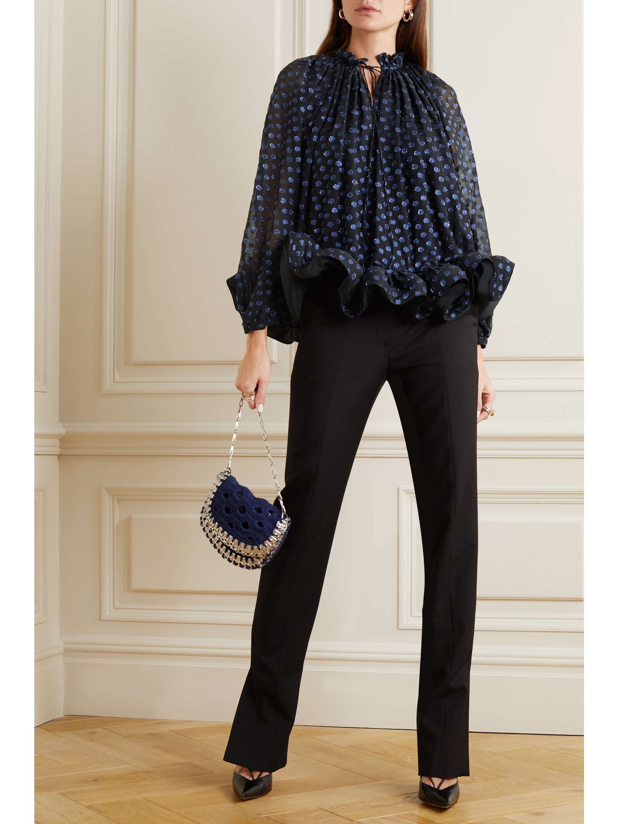 LANVIN Ruffled metallic fil coupé silk-blend blouse