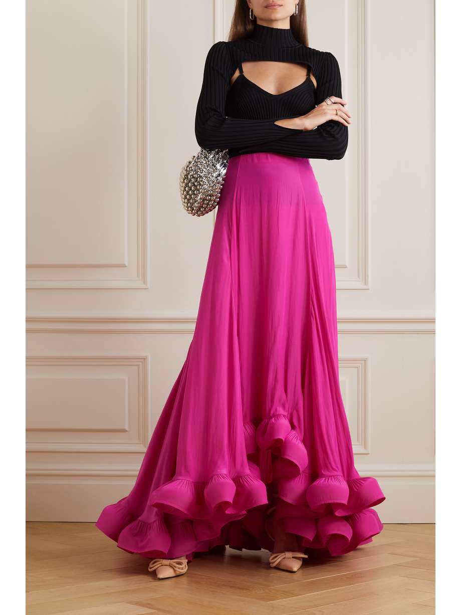 Lanvinasymmetric ruffled charmeuse maxi skirt in hot pink. This maxi skirt is cut from charmeuse that drapes softly to an asymmetric hem traced with ruffles that'll flounce every time you move. 