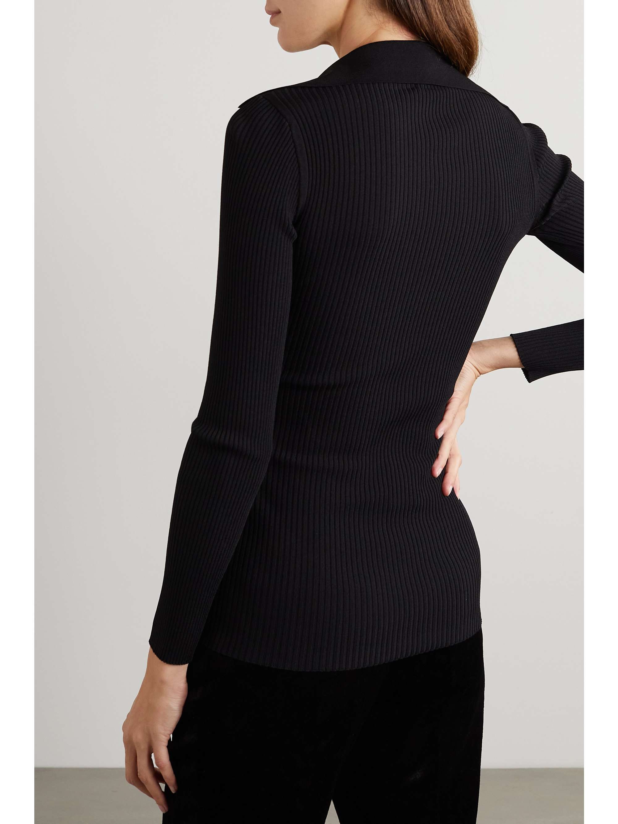 SAINT LAURENT Embellished ribbed-knit polo sweater