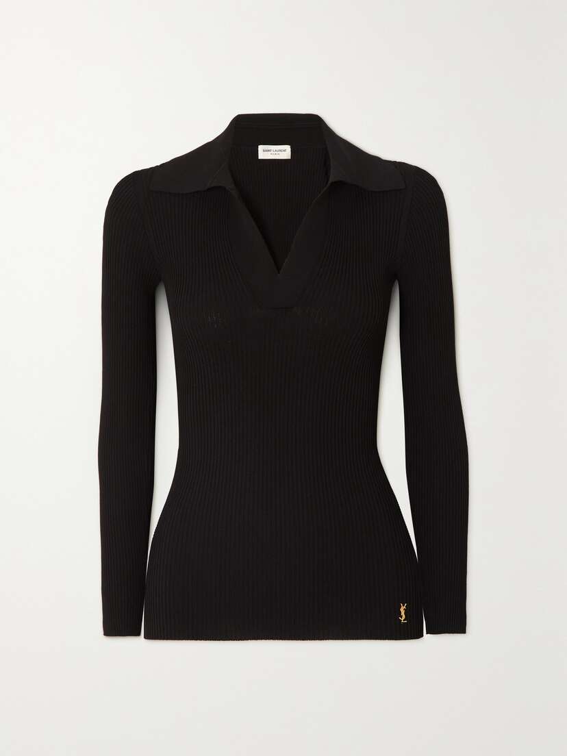Saint Laurent Embellished Ribbed-knit Polo Sweater