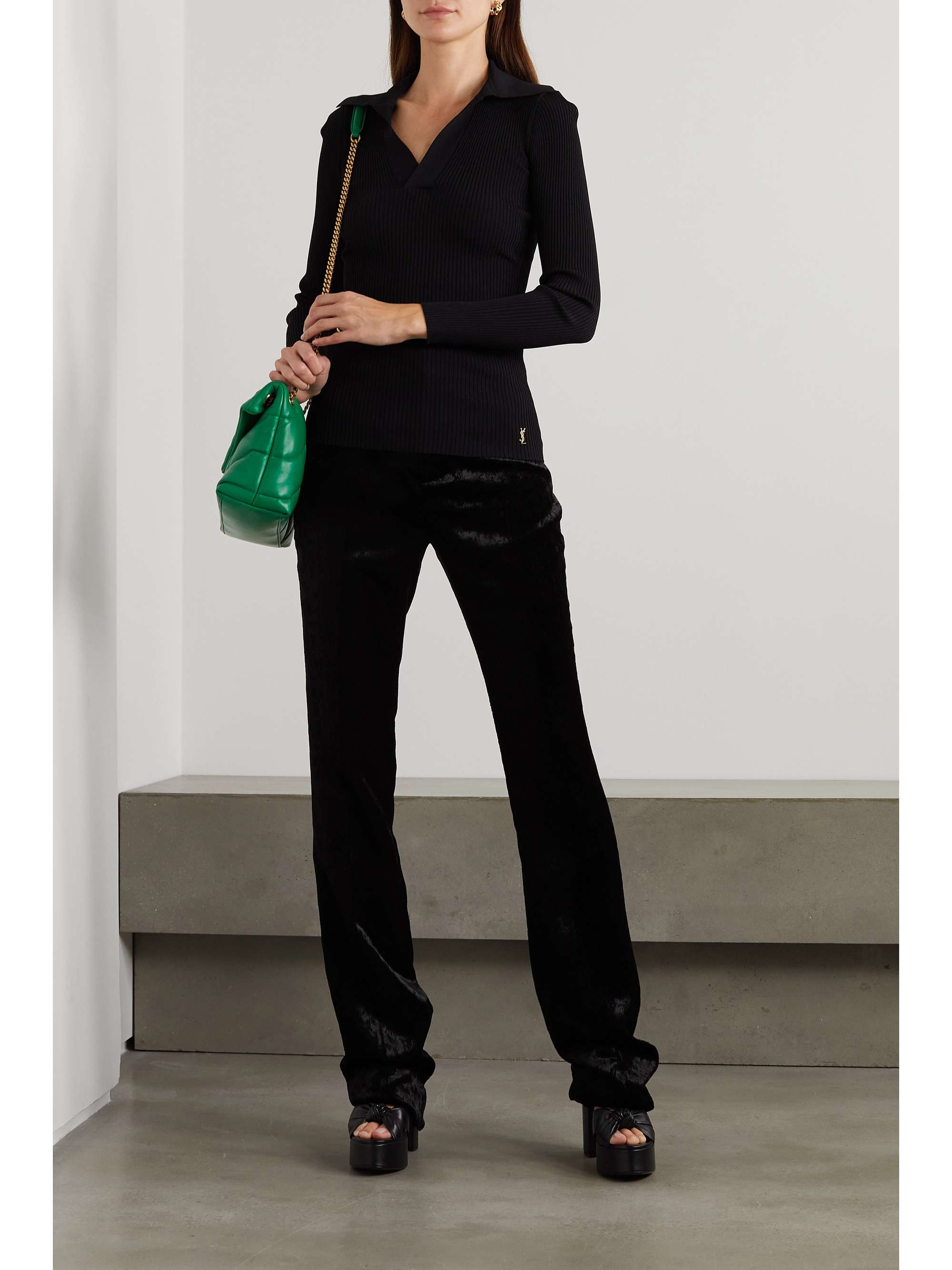 Black Embellished ribbed-knit polo sweater | SAINT LAURENT | NET-A-PORTER