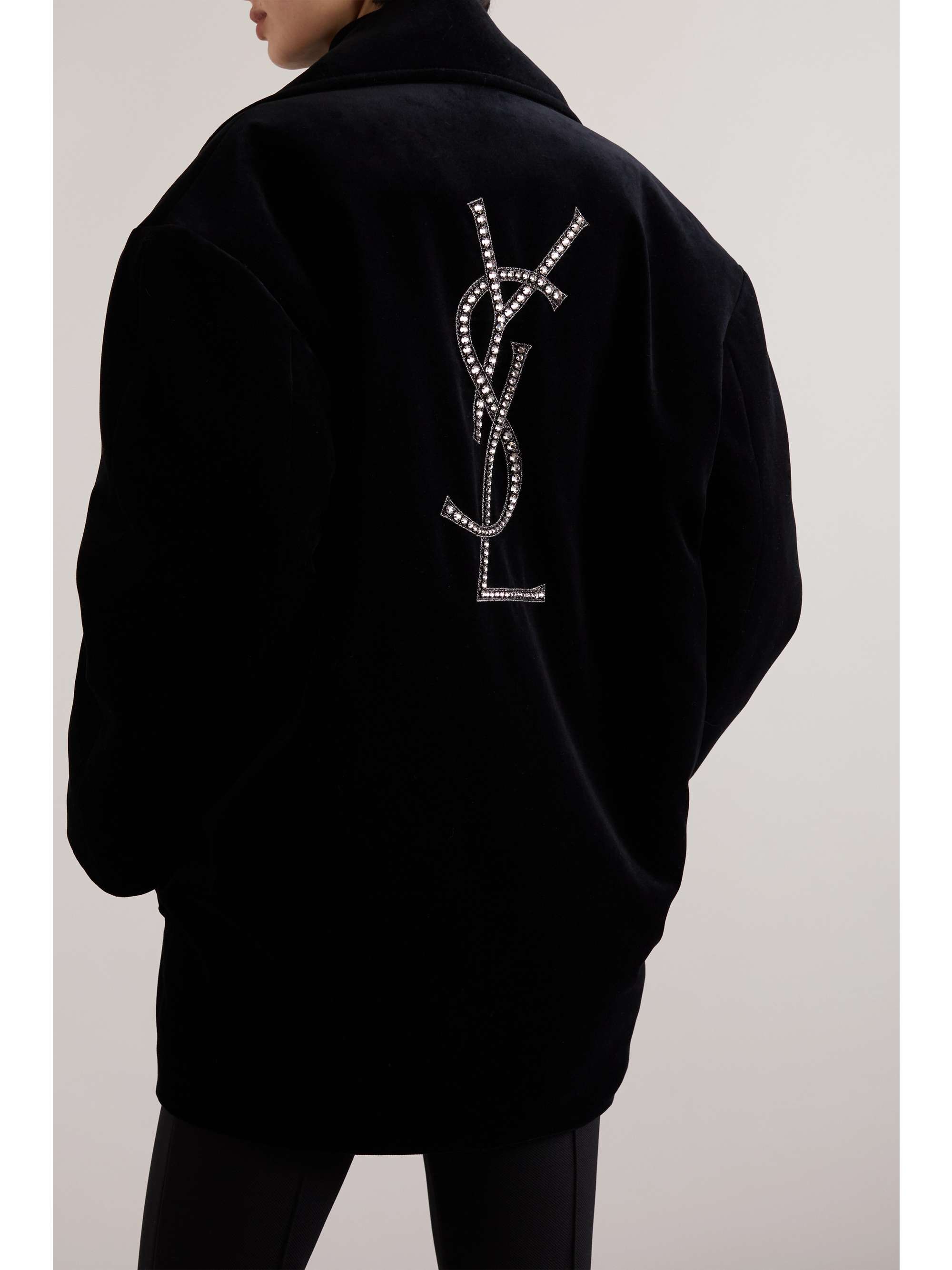 SAINT LAURENT Crystal-embellished double-breasted velvet coat
