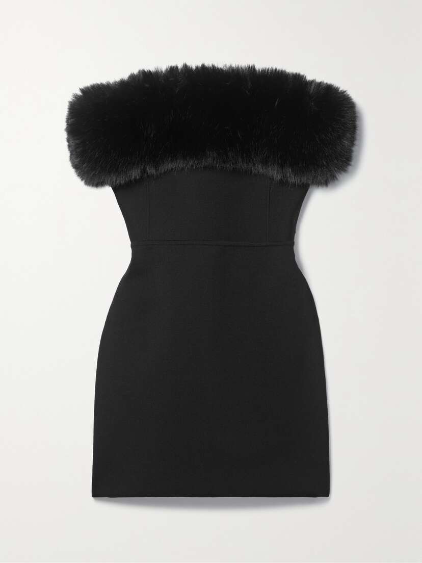 Saint Laurent Strapless Faux Fur-trimmed Wool-blend Mini Dress