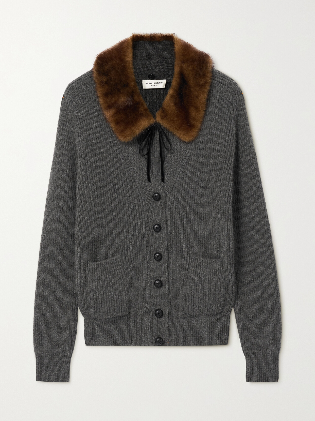 SAINT LAURENT - Ribbed Faux Fur-trimmed Camel Hair Cardigan - Gray